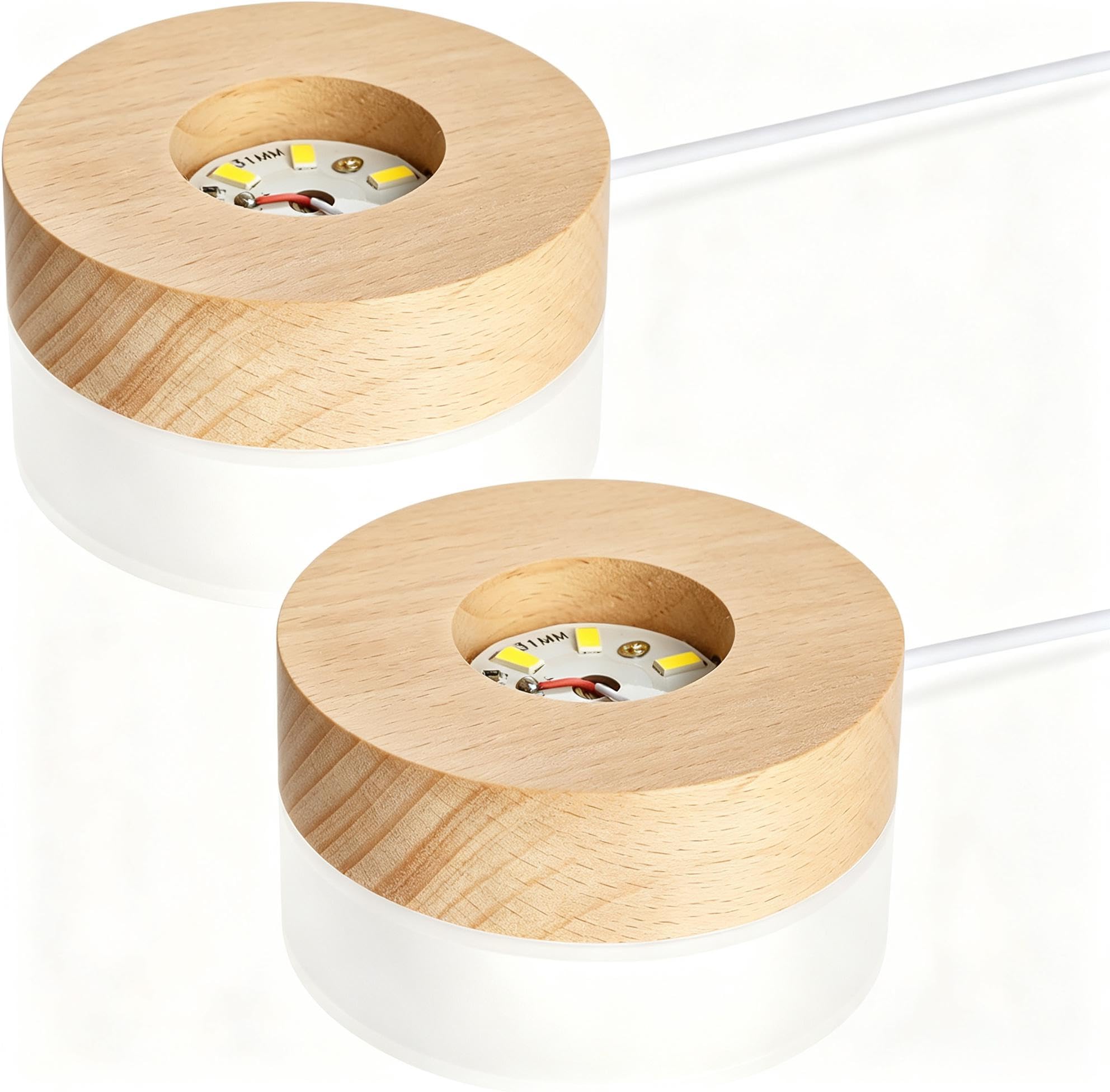2-Pack Wooden Light Base - LED Lighted Stand Display for Crystals,Stones,Quatz (2.5in Diameter)