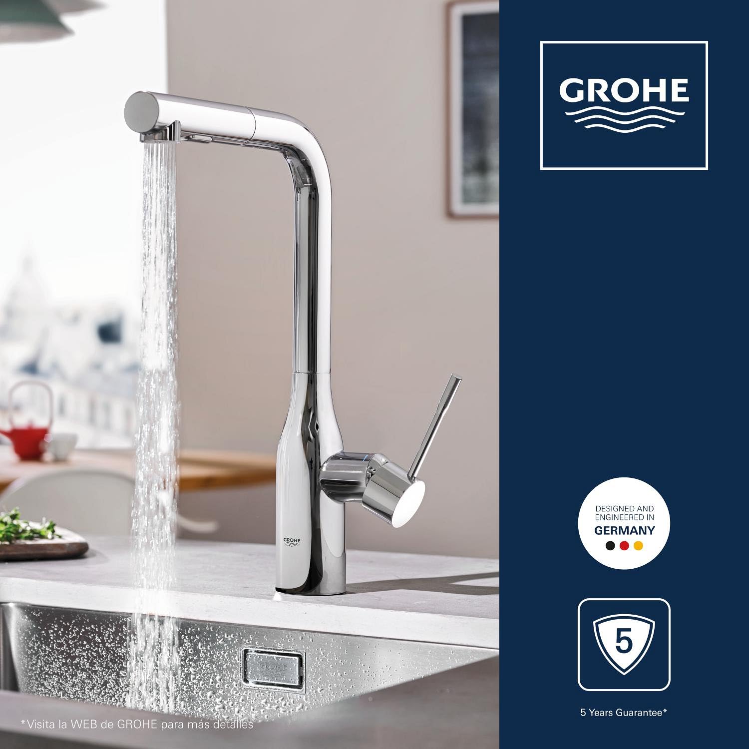 GROHE Essence Monomando de fregadero 1/2", Teleducha extraíble con 2 chorros, Cromo, 30270000
