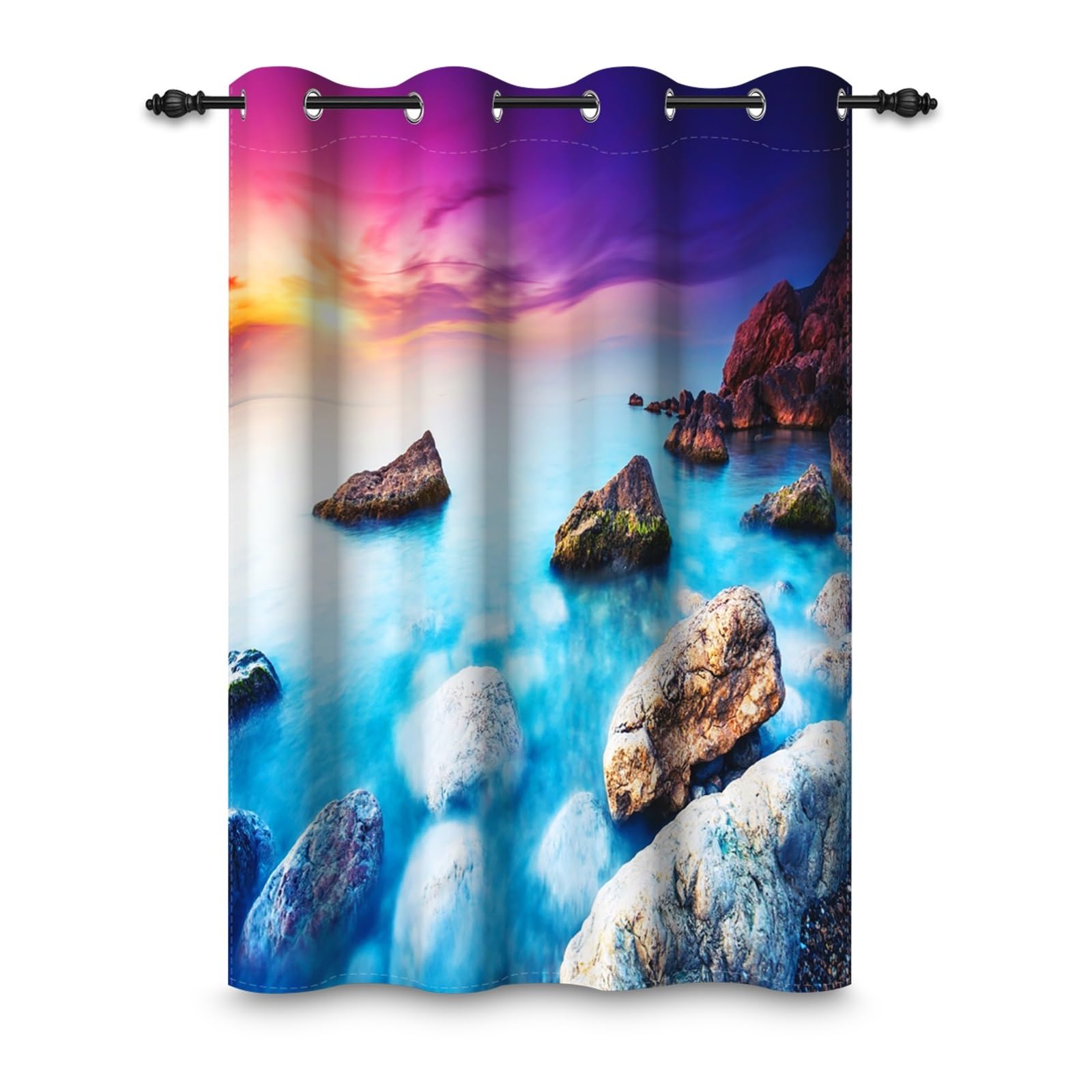 ggaimwf 42"x 63" Ocean Eyelet Curtain Blue Sea Beach Rock Sunset Fantastic Natural Scenery Nautical Theme Thermal Grommet Room Dividers Blackout Window Drapes for Bedroom Living Room,1-Single Panel