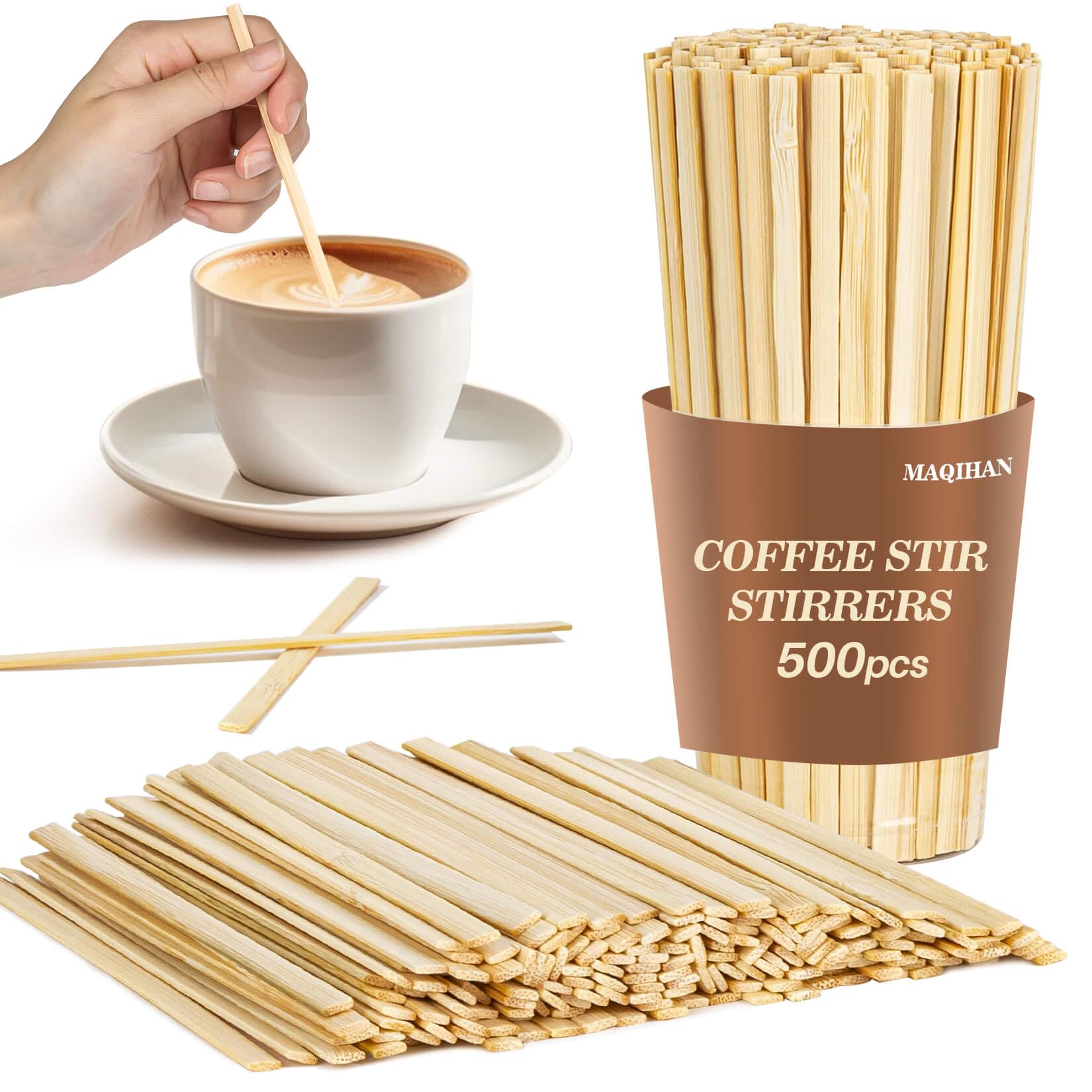 MAQIHAN 1000pcs Sip Stirrers - Bamboo Coffee Stir Sticks Disposable Hot Drink Beverage Stirring Swizzle Stir Sticks For Coffee，Milk, Juice, Cocktail, Chocolate, Suit For Party, Bar 5.5 Inch Square