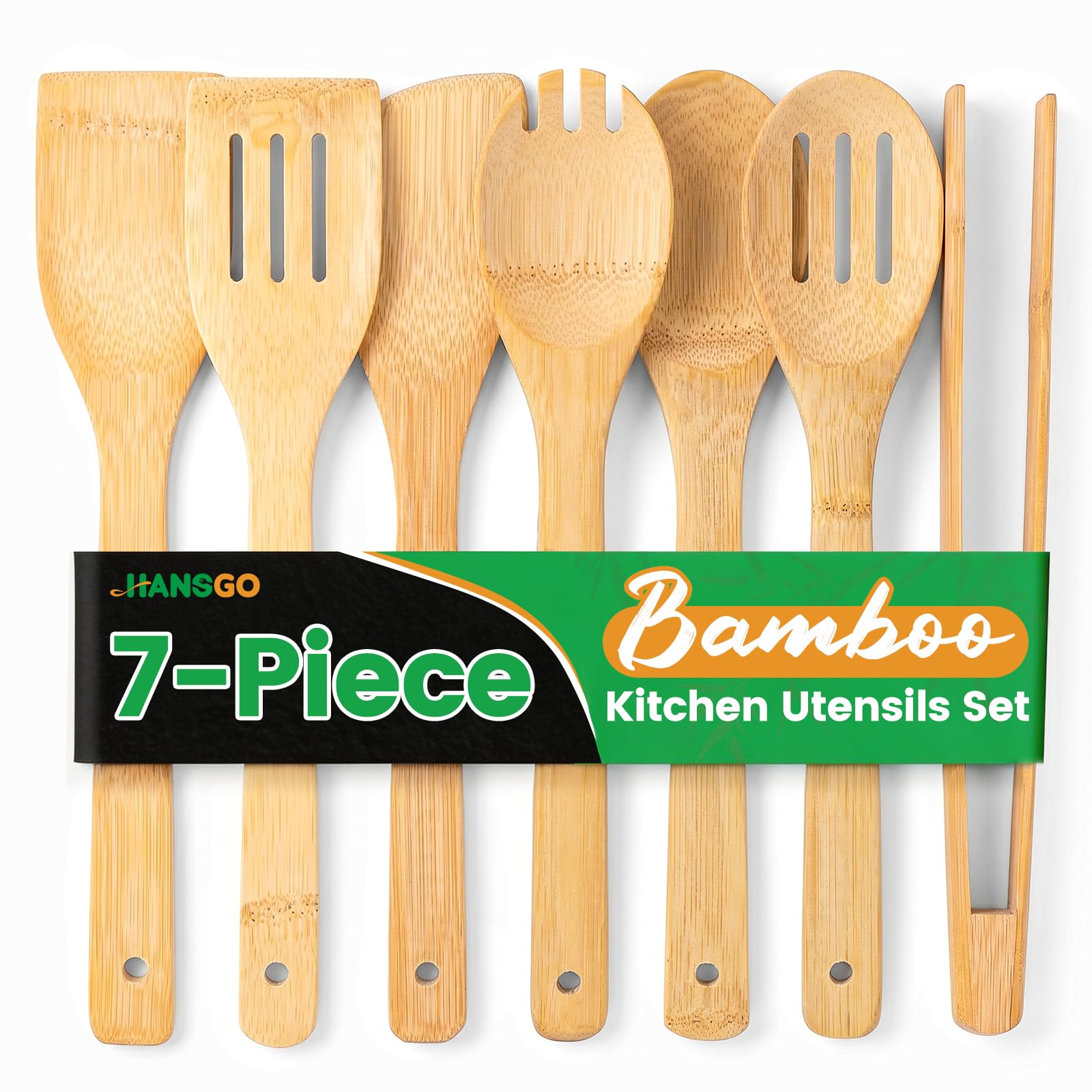 HANSGO Cucharas de madera para cocinar, 7 utensilios de cocina de bambú, juego de utensilios de madera para agitar, mezclar, servir, antiadherentes, saludables