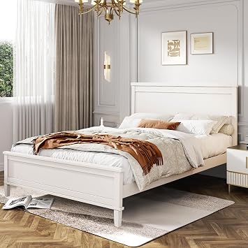Mid-Century Modern Solid Wood Queen Size Platform Bed with Engineered Wood Headboard & Footboard, Slat Support, No Box Spring Needed | Queen,White