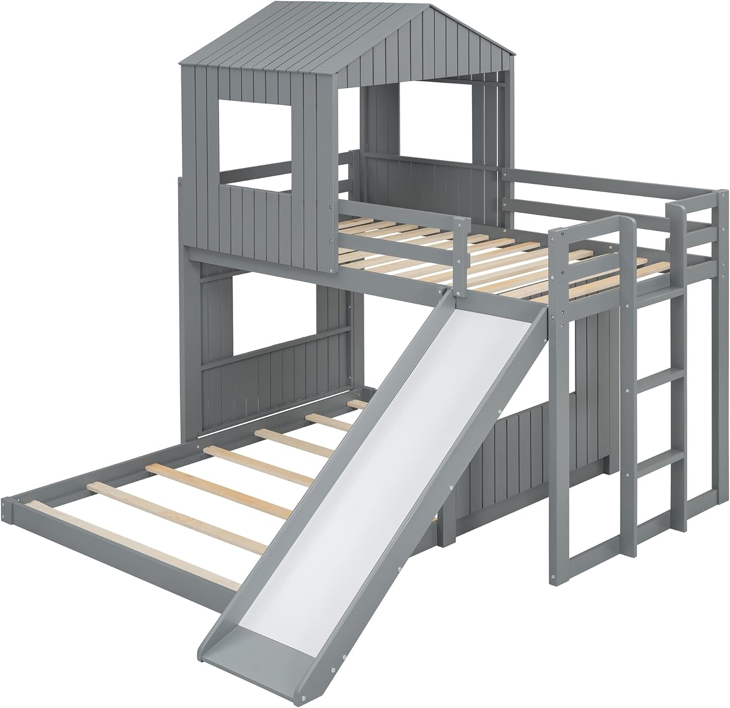 Harper & Bright Designs House Bunk Beds with Slide, Wood Twin Over Full Bunk Beds with Roof and Guard Rail for Kids, Toddlers, No Box Spring Needed (Gray, Twin Loft Bed with Slide)