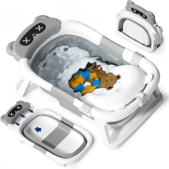 COOSEYA Baby Bath for 0-18 Months, Foldable Baby Bath with Soft Cushion and Temperature-Sensitive Drain Valve, Ideal Baby Bat