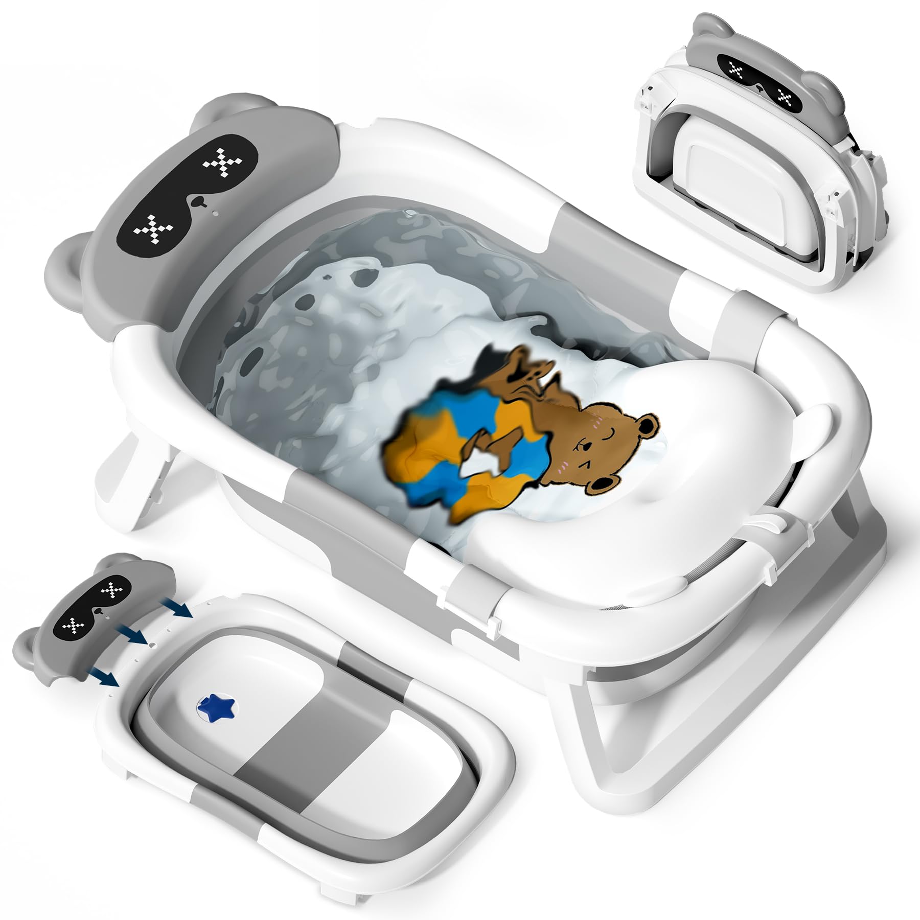 COOSEYA Baby Badewanne für 0-18 Monate, Faltbare Babybadewanne mit Weichem Polster und Temperaturempfindlichem Ablassventil, Ideale Babywanne für Neugeborene, Bär - Design (Grau)