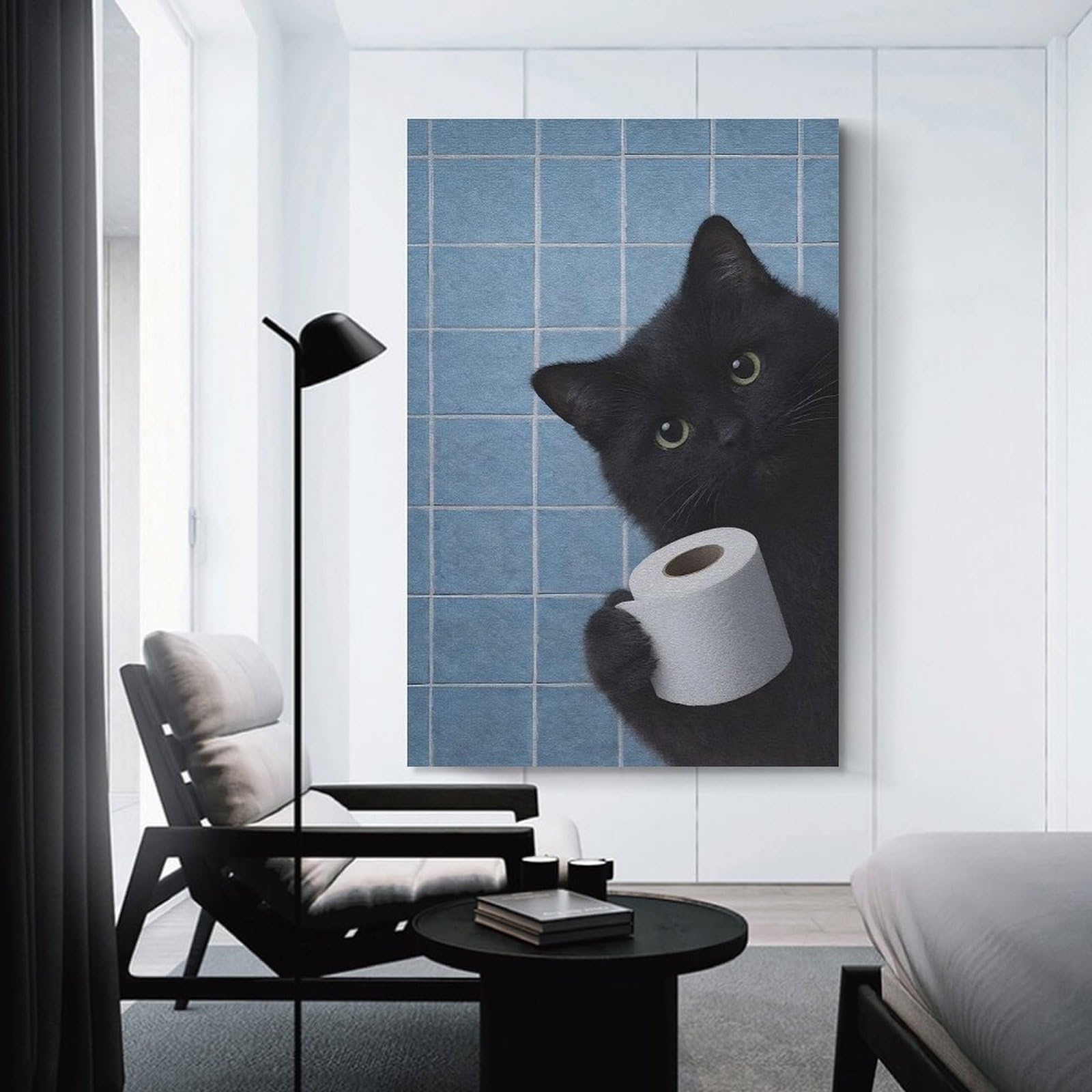 Junmoney Black Cat Holding Toilet Paper Are You Pooping Canvas Wall Decor 24x36inch(60x90cm), for Flats, Guest Rooms Or Compact Rooms, Home Artwork for Modern Interiors