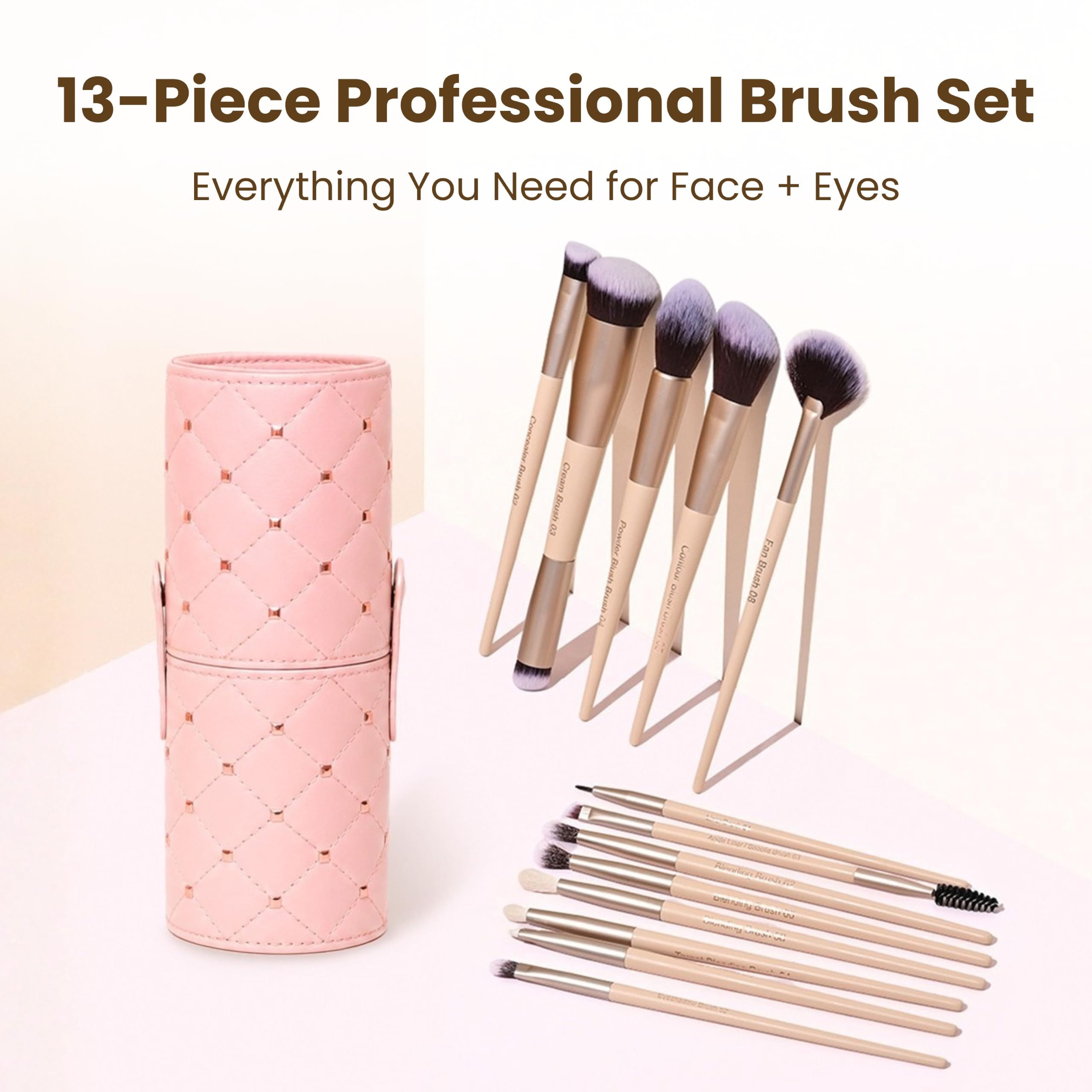 Milagro Beauty Arty Eyes & Face - Set di 13 pennelli da trucco con manico in legno, ghiera in alluminio e setole in fibra vegana, pennello professionale per fondotinta e labbra, con supporto