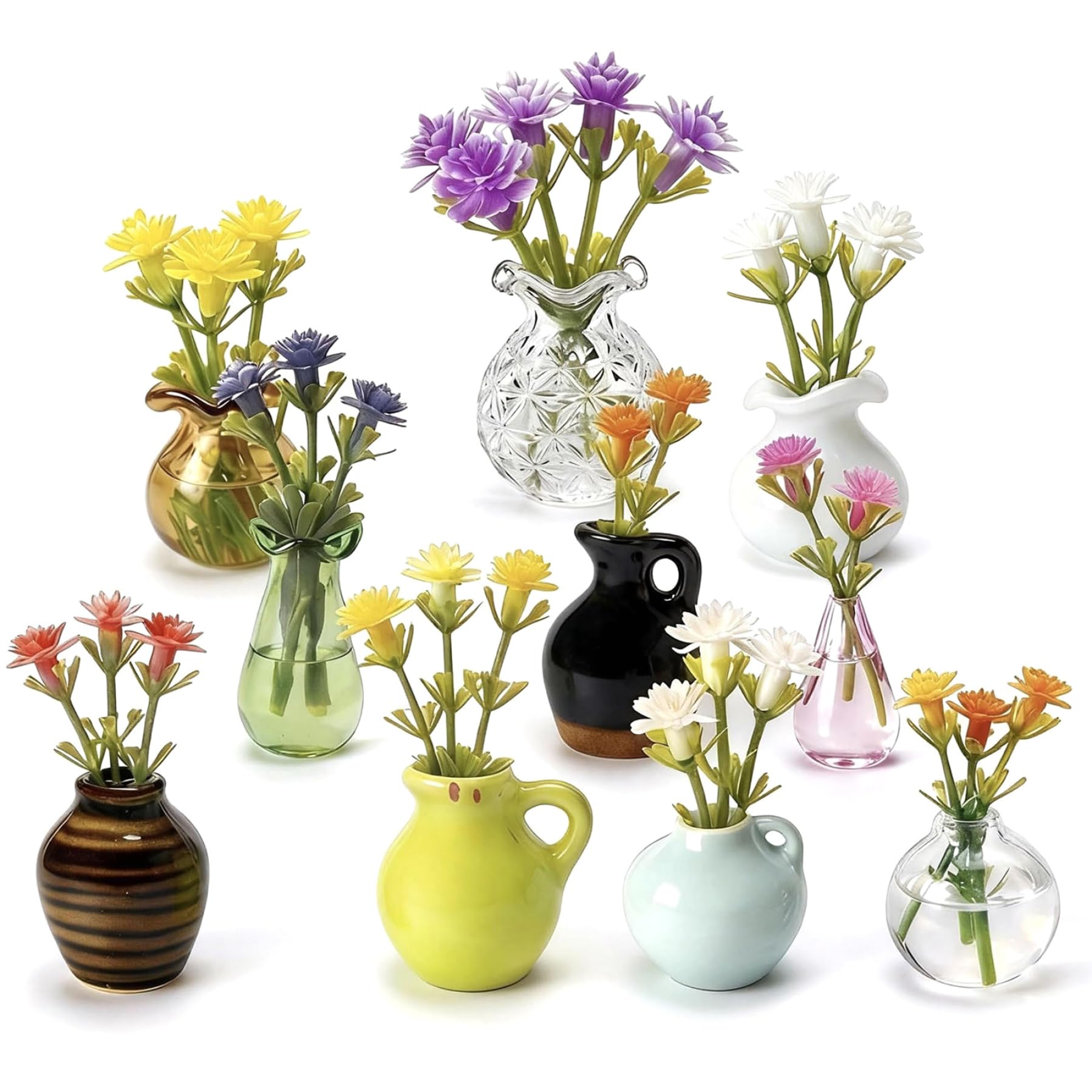 Syglawnd Mini Vase Magnets, 10-Pack Mini Vase Magnets for Fridge - Cute Fridge Includes 30+ Assorted Flowers, Ceramic & Glass Bud Vases for Home & Office Decor Style 1
