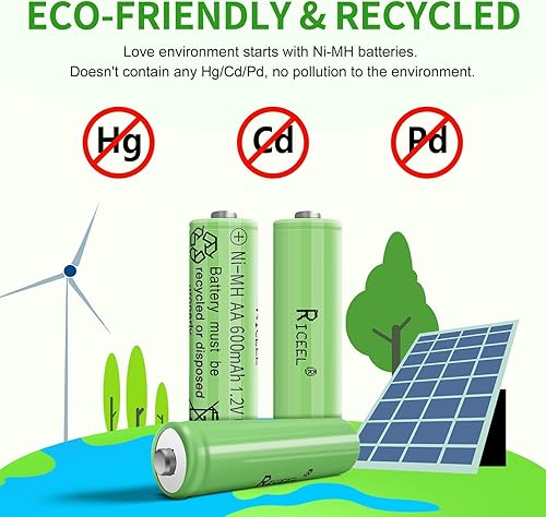 Miniatura 5 de RICEEL Baterías AA recargables para luces solares de 600 mAh, batería doble AA, baterías recargables AA de 1.2 V, baterías solares de tamaño AA,