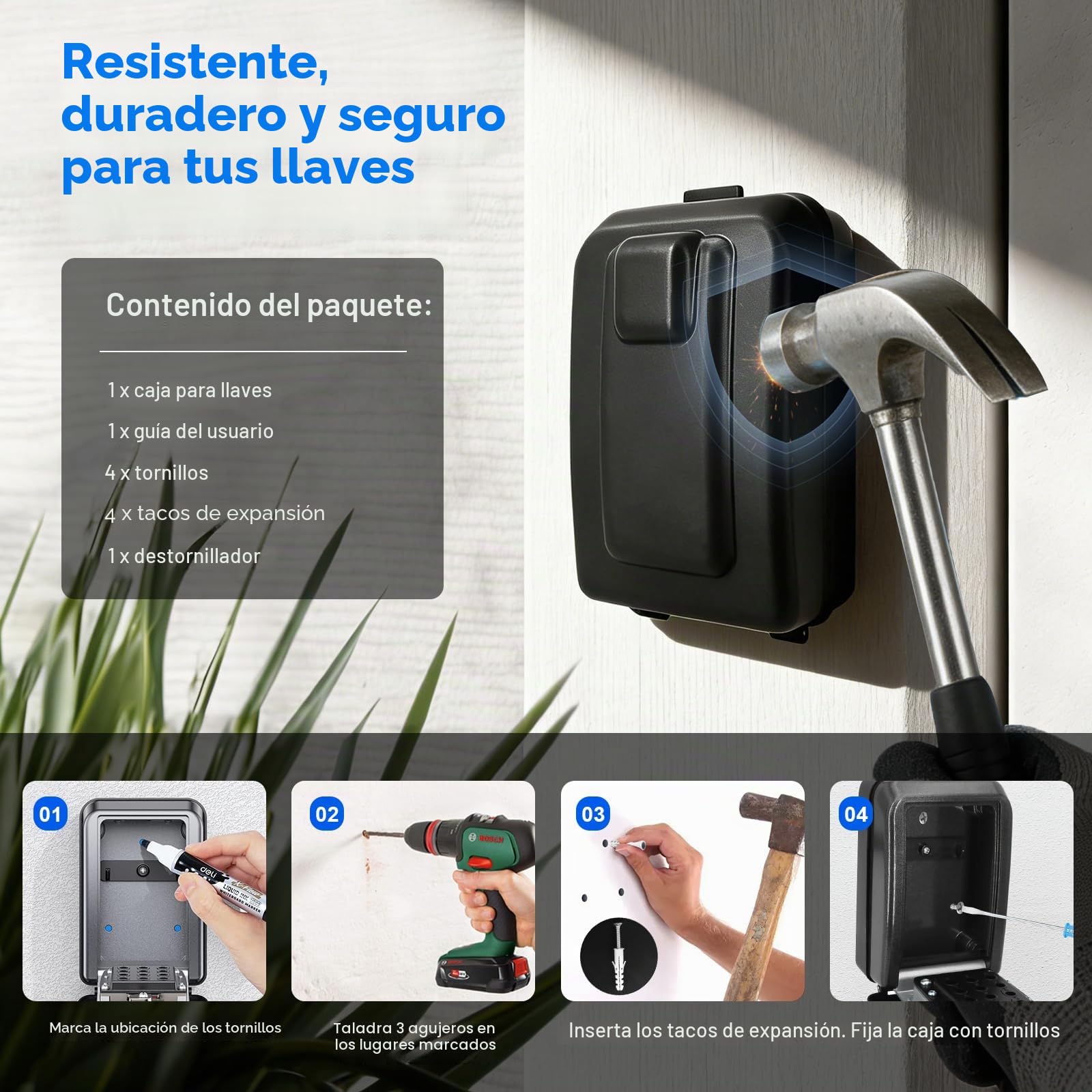 Caja de Seguridad para Llaves Exterior, Guarda Llaves con Código de 12 Dígitos, Gran Capacidad para Pared, Resistente a la Intemperie, Ideal para Casa, Garaje y Negocio (Negro)