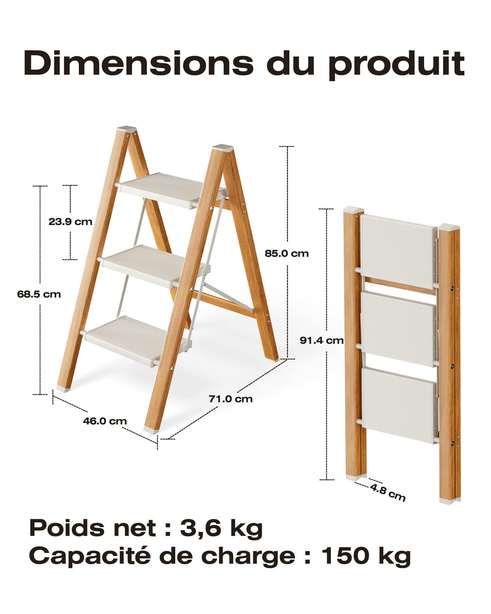 Échelle Pliable 3 Marches, Tabouret Escalier Aluminium | Capacité 150 Kg, Échelle Pieds Antidérapants & Larges Marches, Usage Intérieur-Extérieur, Design Aspect Bois, Blanc