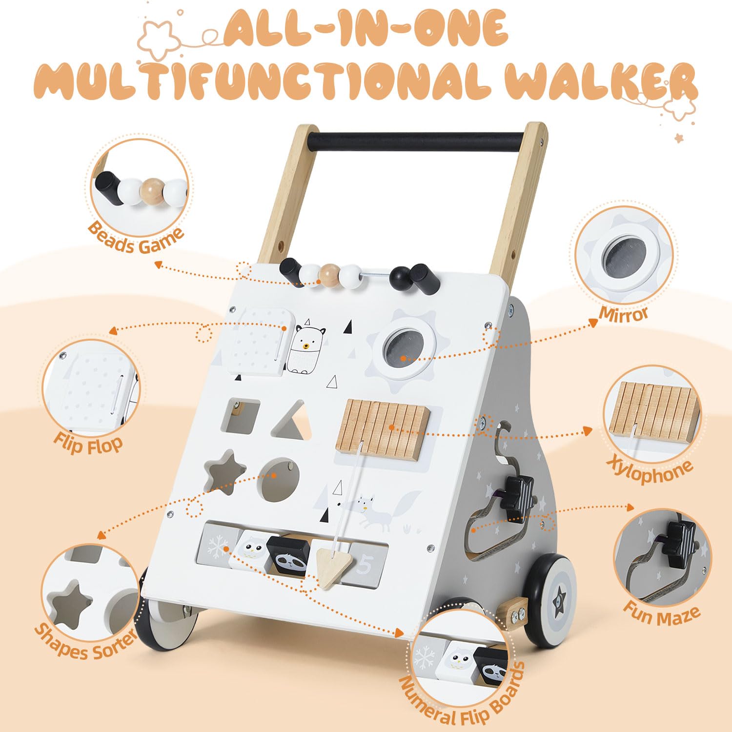 PTINFLUCE Wooden Baby Walker, Baby Push Walker with Wheel, Push and Pull Toys Learning to Walk, Montessori Walker Toy for Kids Development, Adjustable Speed and Height