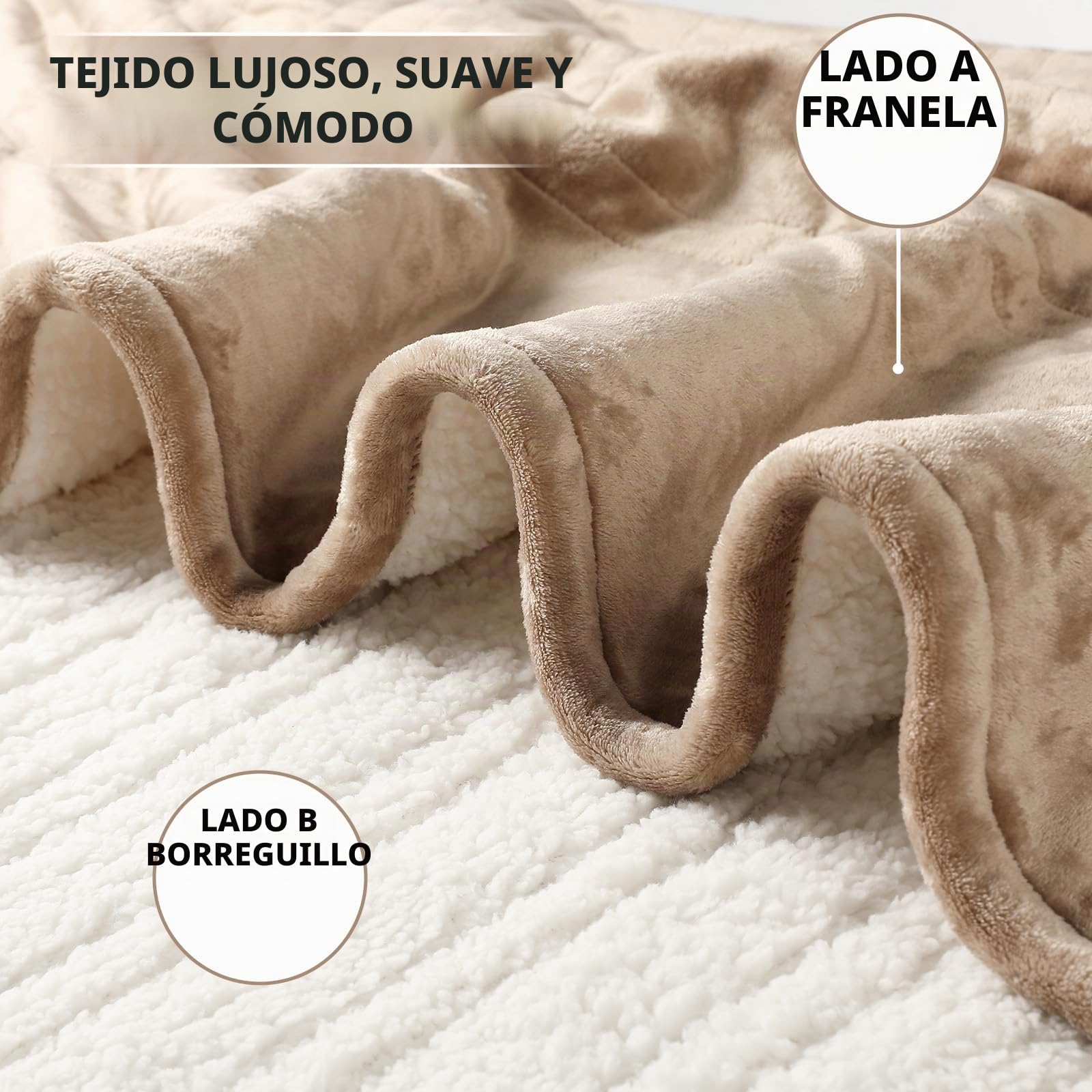 ESTINGO Manta Eléctrica 180x130 cm, Manta Calefactora de Franela y Sherpa para Sofá y Cama, 6 Niveles de Temperatura, Temporizador de 10h, Apagado Automático y Lavable, Beige