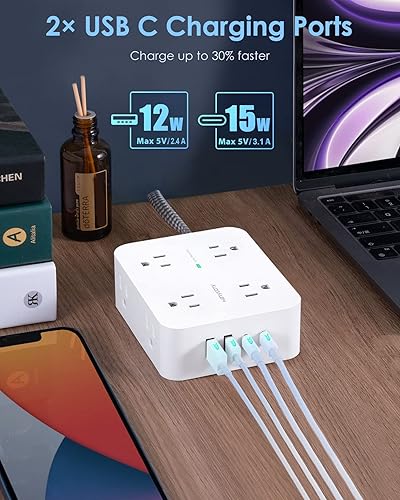 Miniatura 4 de Regleta protectora de sobretensiones de 6 pies con USB C, cable de extensión HANYCONY con 8 salidas (2.2 pulgadas), 4 puertos USB (2 USB C), enchufe