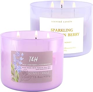Sage Lavender Cedarwood and Sparkling Mandarin Berry 3 Wick Scented Candle Bundle Set of 2 x 15.8 Oz | Aromatherapy Soy Candles for Women & Men, Large Scented Candle for Home Long Burning