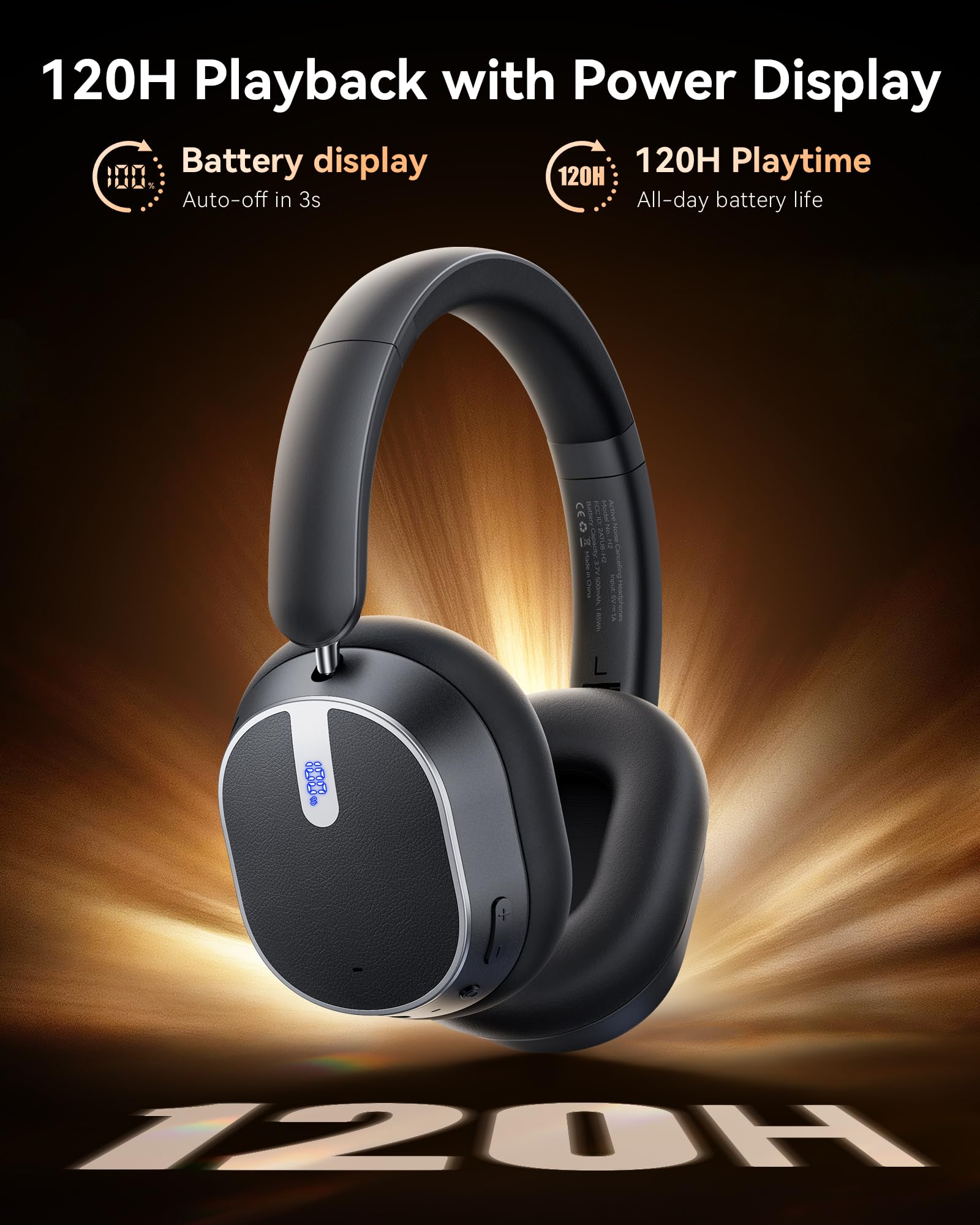 bmani Hybrid Active Noise Cancelling Headphones,120H Playtime Wireless Headphones Bluetooth 6.0 with Power Display, 6-Mic ENC Calls, 360° Spatial Audio Over Ear Headphones Headset for Travel Game — view 4