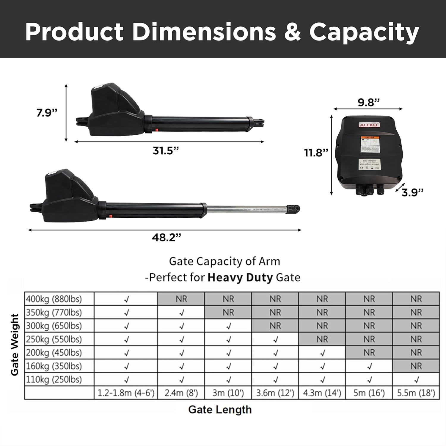 Product Dimensions and Capacity table for ALEKO AS600 gate opener