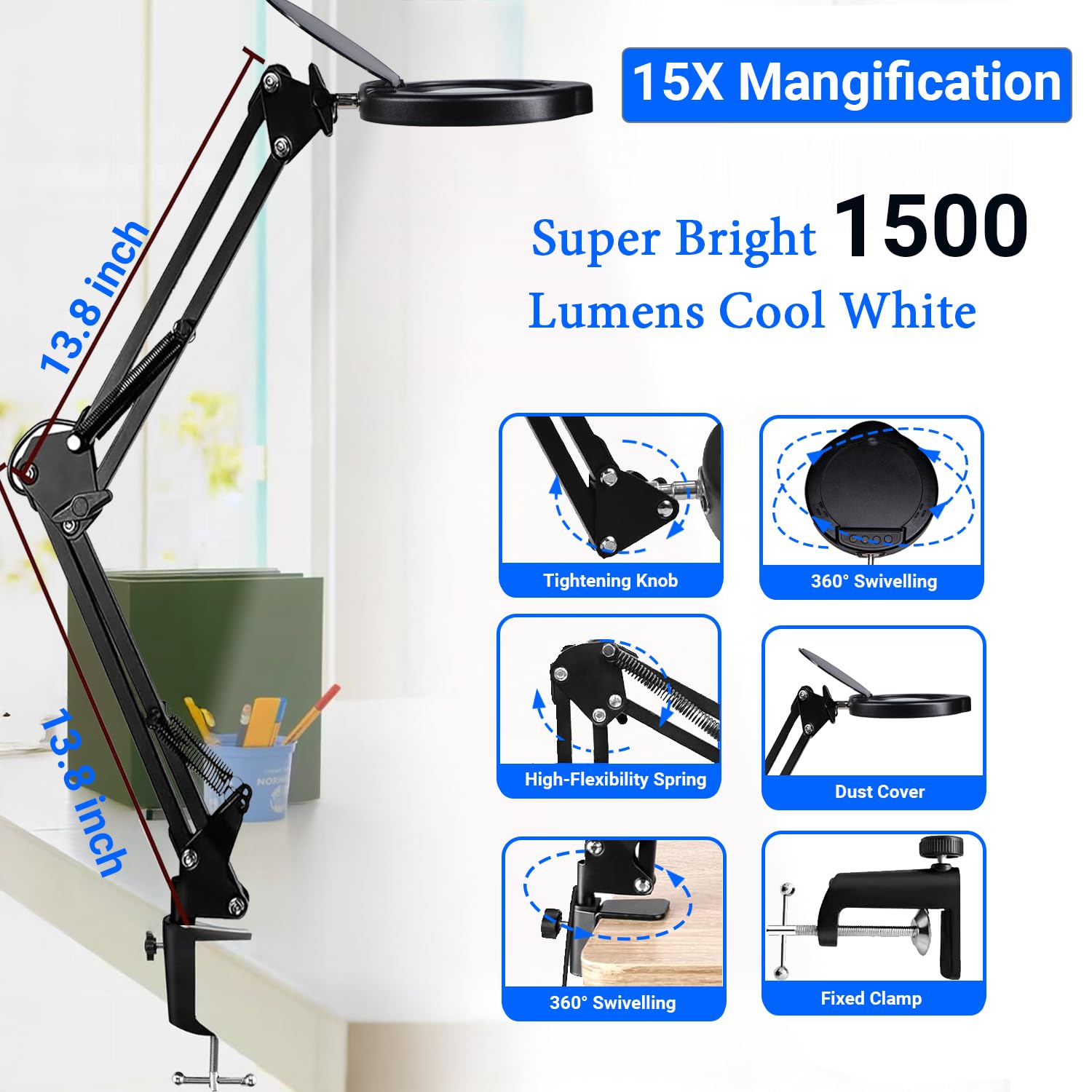 Schreibtischlampe mit 15-facher Vergrößerung, Echtglaslinse, 84 LEDs, 5 Farbmodi, dimmbar, LED-Lampenlupe mit Staubschutz, USB-Ladegerät, Reinigungstuch, ideales Geschenk für Senioren, Bastler