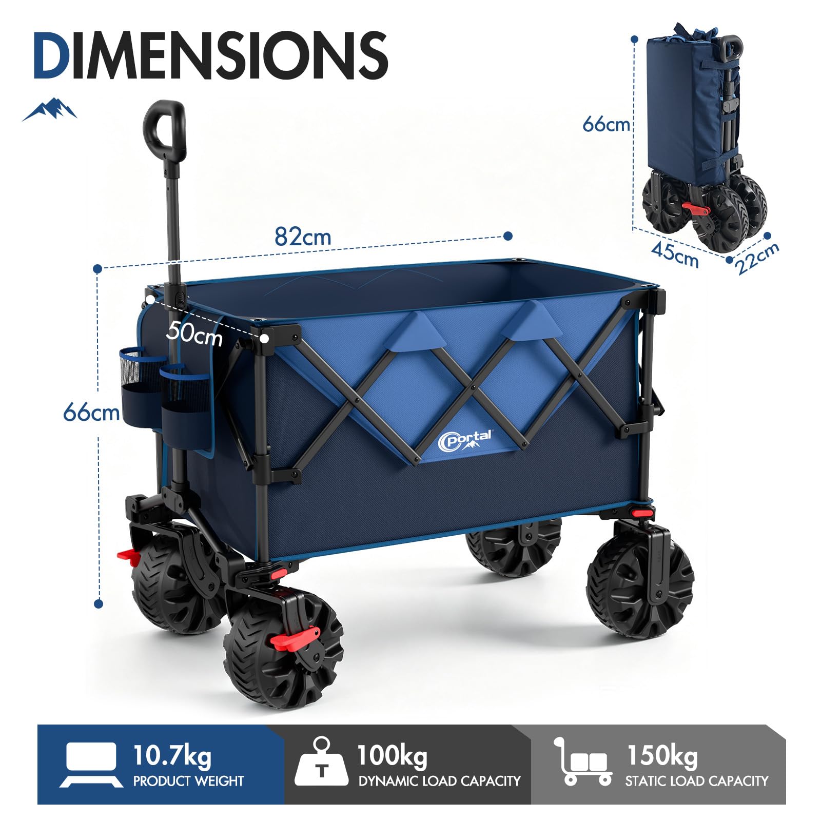 Portal Wózek składany, 250 l, 150 kg, z dużymi oponami | Wózek ręczny z uchwytem na napoje, wózek transportowy na wszystkie tereny, składany wózek do ogrodu, na kemping, festiwal