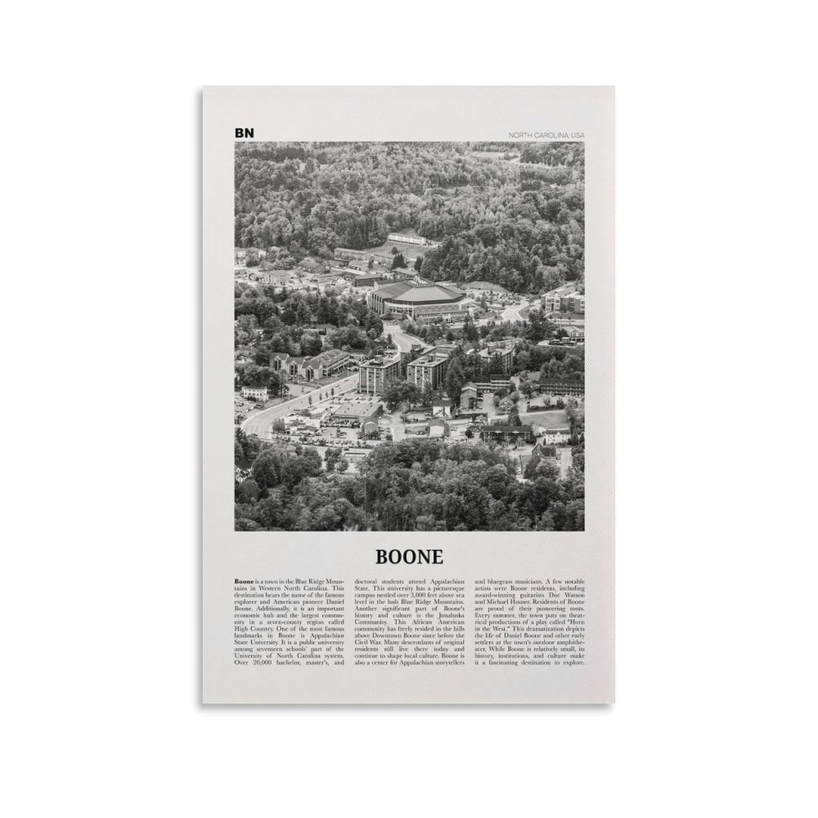 LZTEN Boone Print Black And White Cityscape, North Carolina, USA Canvas Wall Art Poster