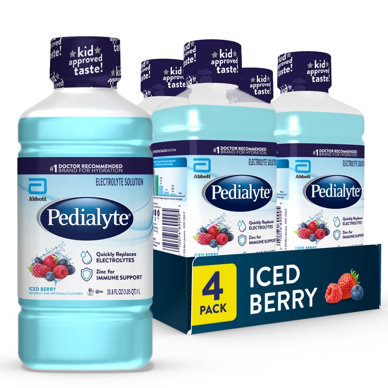 Pedialyte Electrolyte Drink, Hydration Drinks for Kids & Adults, Iced Berry, 1 Liter, Pack of 4