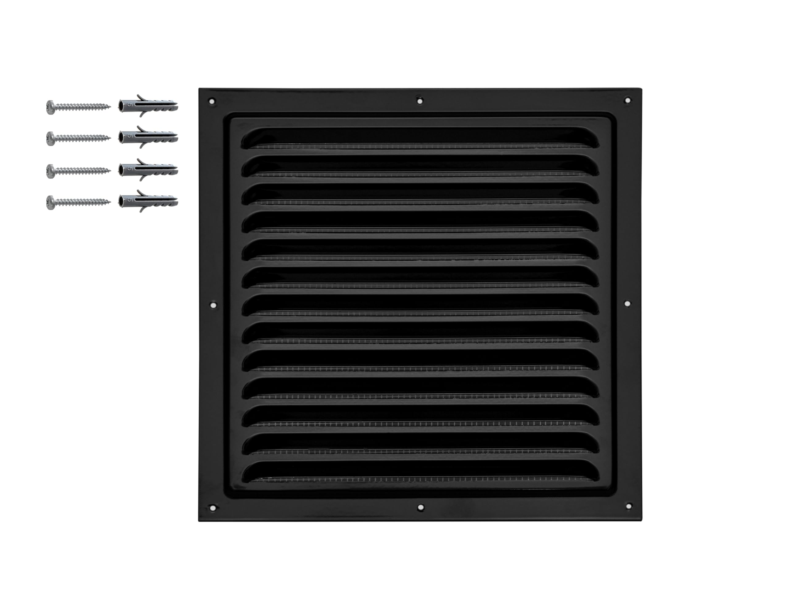 DEMLOU – Square Aluminium Louvre Air Ventilation Grille 25 x 25 cm Black RAL 9005 with Mesh – Powder Coated Wall or Door Air Vent for Indoor or Outdoor Use.