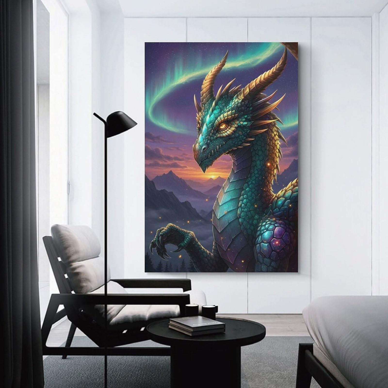 Junmoney Majestic Dragon with Aurora Borealis Wall Decor Canvas Print, 08x12inch(20x30cm), for Wall Displays, Bedrooms Or Room Updates, Wall Decor Suited to Curated Displays
