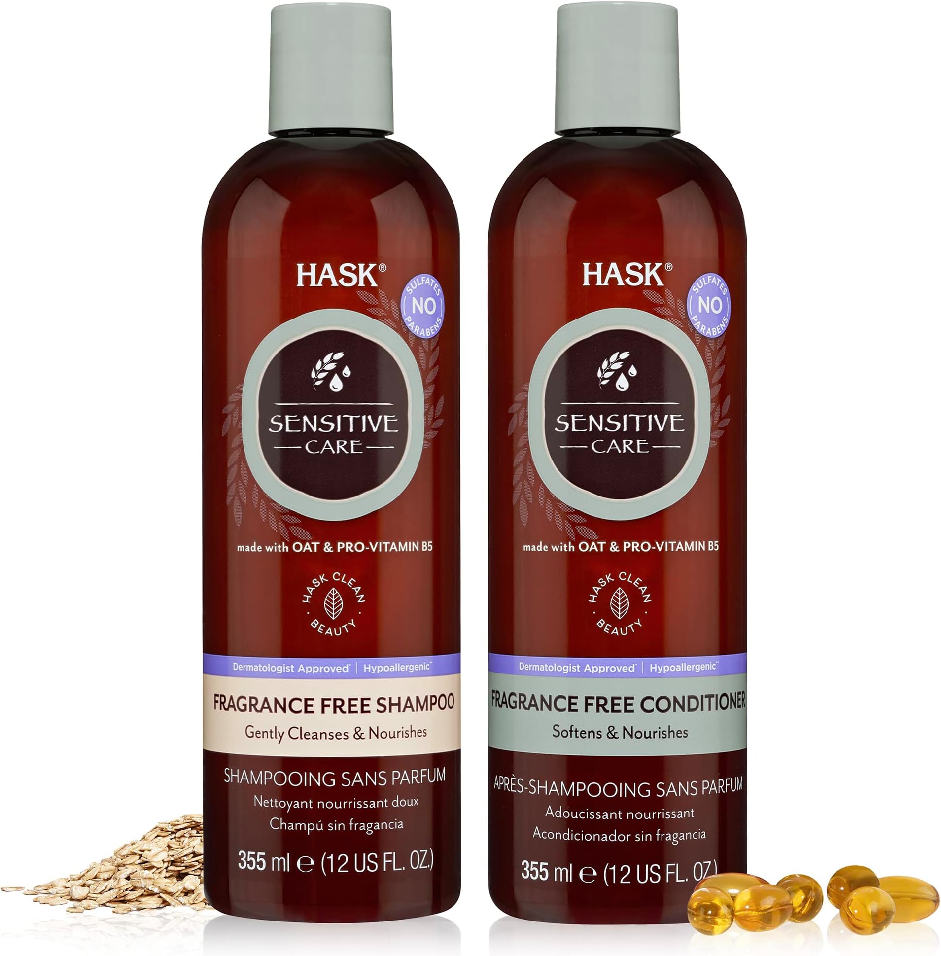 HASK SENSITIVE CARE Shampoo + Conditioner Set Fragrance Free, Vegan, Color Safe, Gluten-Free, Sulfate-Free, Paraben-Free, Cruelty-Free - 1 Shampoo and 1 Conditioner