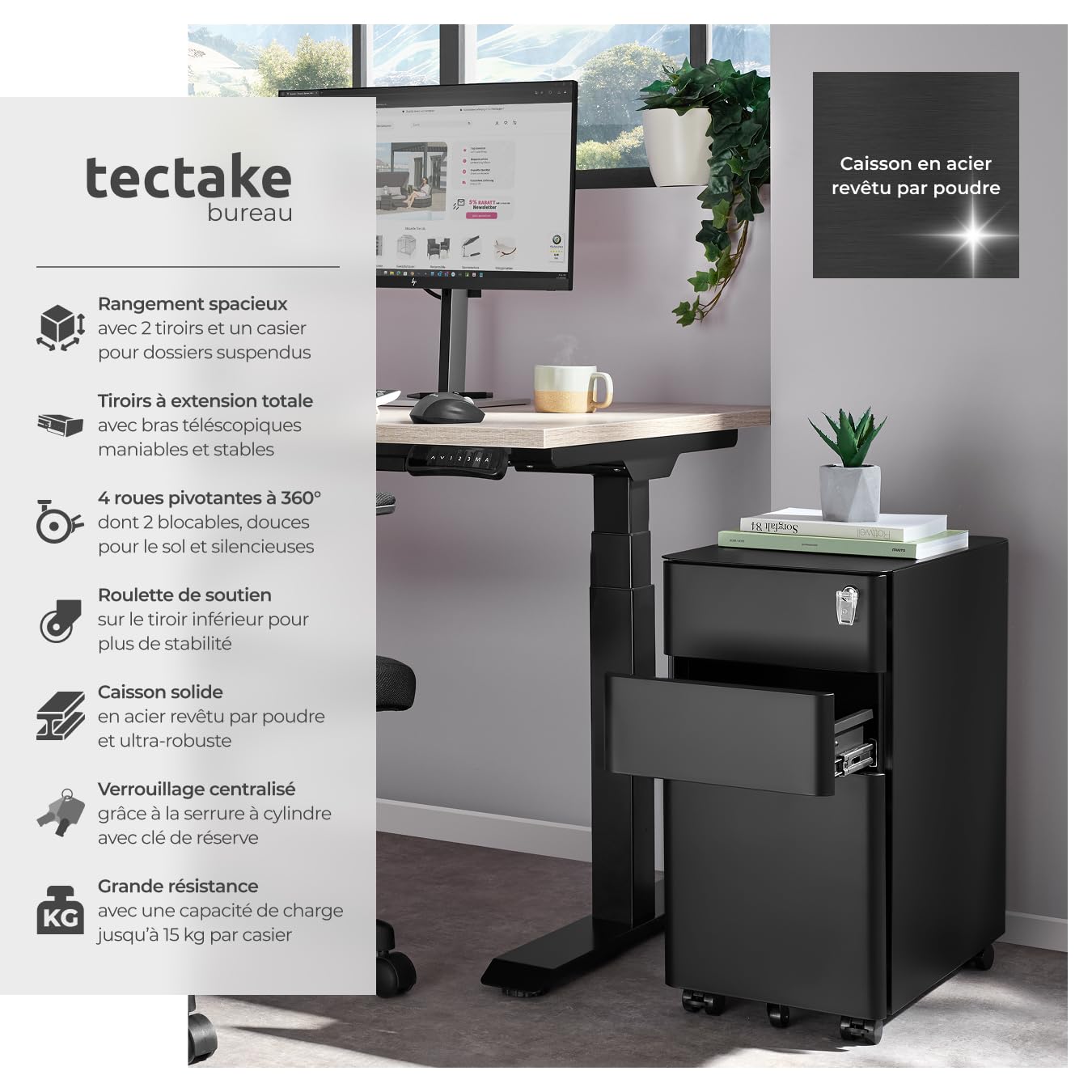 tectake® Caisson Bureau Meuble de Rangement Armoire de Bureau métallique Industriel 30x50x59,5 cm Verrouillable Meuble tiroir Rangement Bureau avec 3 Tiroirs pour Rangement Papier administratif