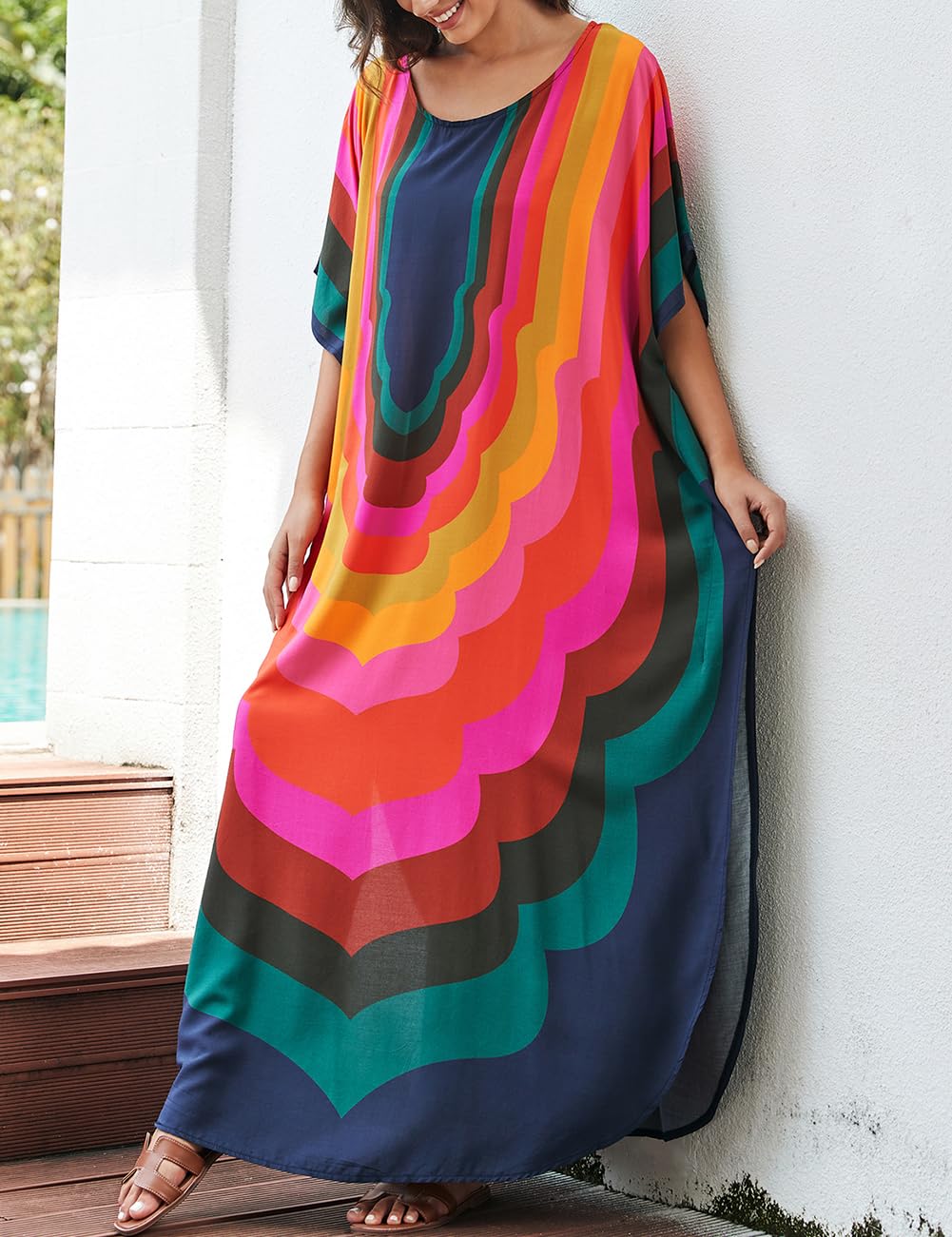 Bsubseach Vestido de playa para mujer, caftán turco, largo, para cubrir el traje de baño, A-colorido Geometría, Talla única