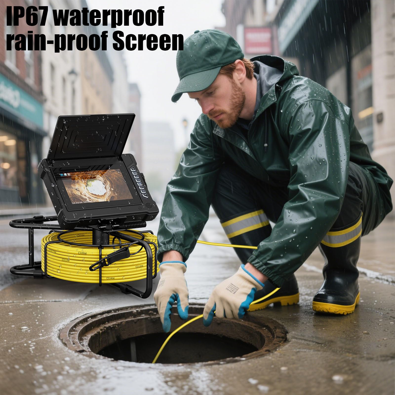 Kamera Kanalizacyjna, Inspekcja Rur Odpływowych Z Funkcją DVR I 8 Diodami LED, Boroskop 17 Mm, Hydraulika, Endoskop 7" 1080P IPS, Karta 16 GB, Do Kanalizacji, Odpływów, Kanałów, Hydra(Size:30 M/98 FT)
