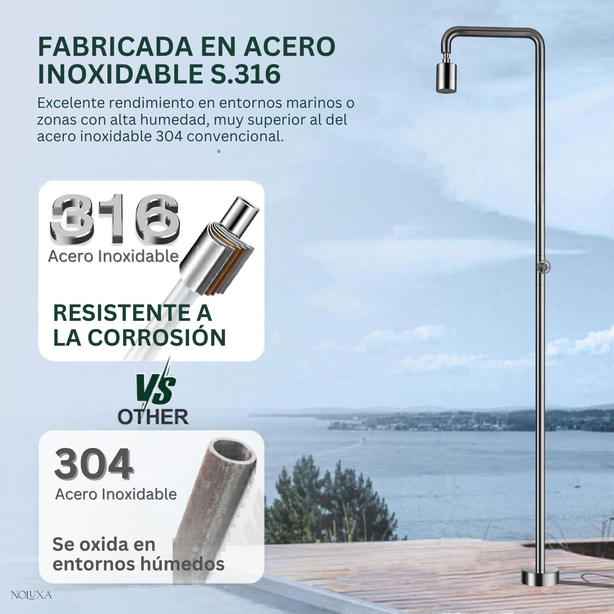 NOLUXA IMEX - Ducha Piscina Exterior Acero S.316 | Ducha Empotrada Suelo para Jardín, Piscina y Terraza | Grifería 1 vía (Agua Fría) con Rociador y Tratamiento Anticorrosión | Serie Pool
