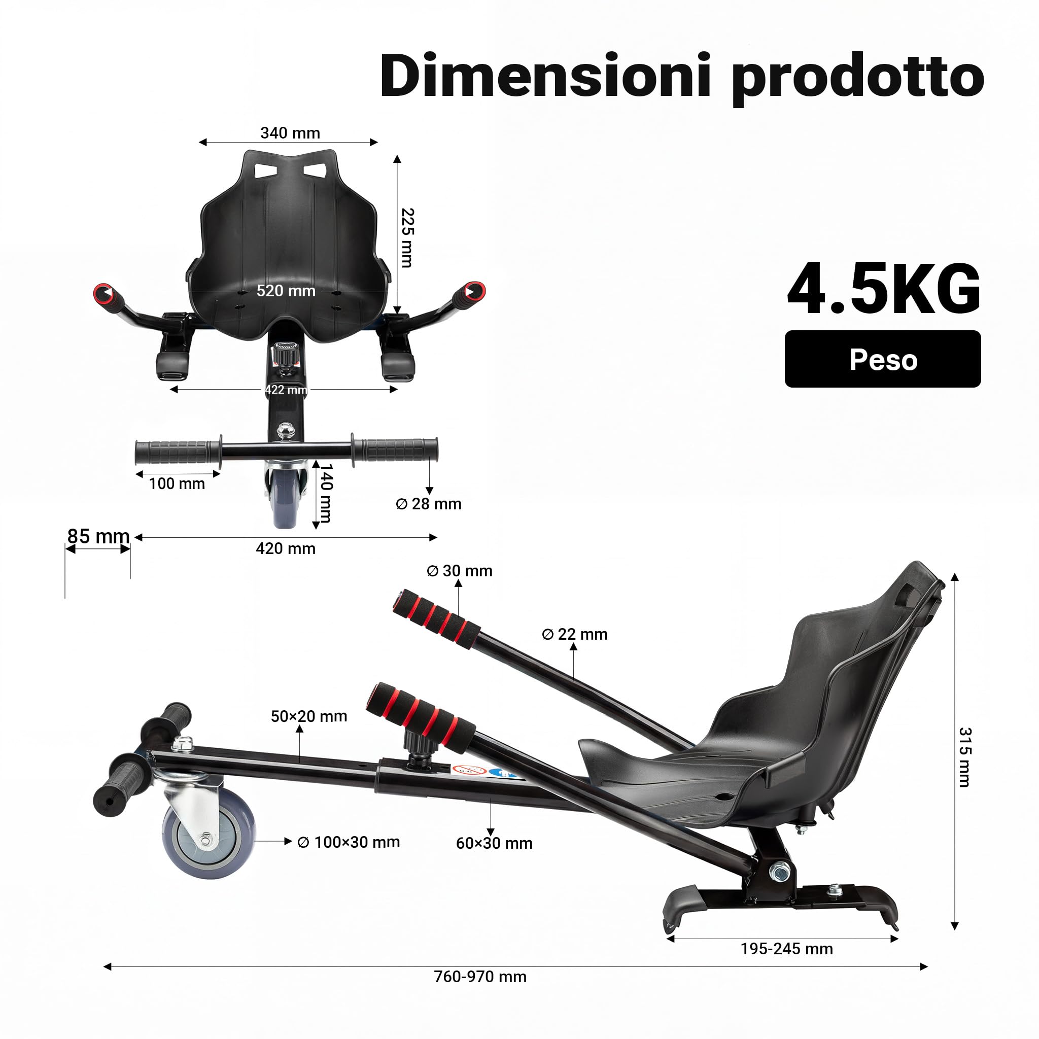 Wiltec Sedile per hoverboard max 120 kg nero, ergonomico, regolabile, per scooter elettrico autobilanciato