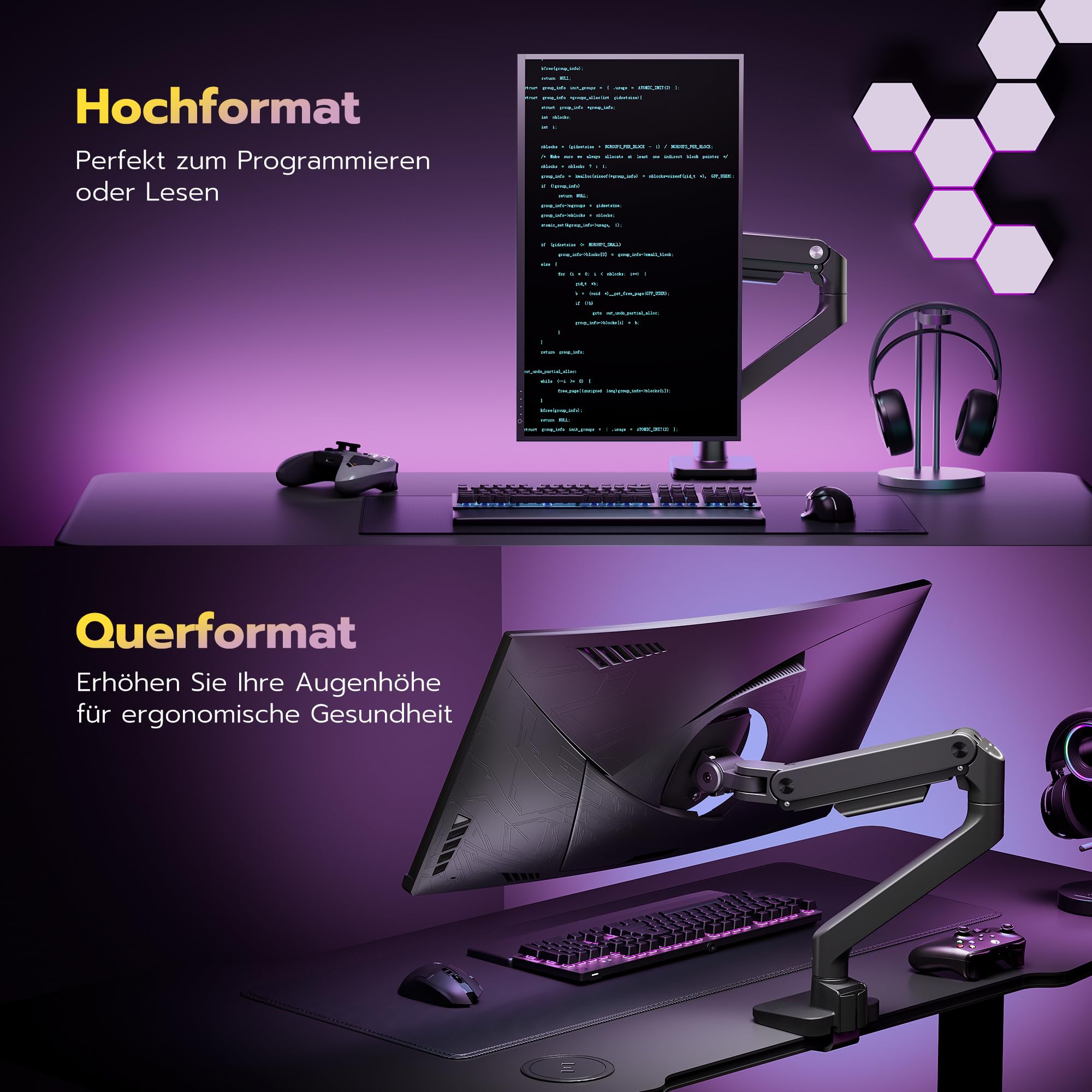 ARES WING Monitor Halterung für 17 bis 49 Zoll Bildschirme, Monitor Arm mit Gasfeder, Verstellbarer Monitorständer Max 20Kg Traglast, VESA 75/100,Schwarz