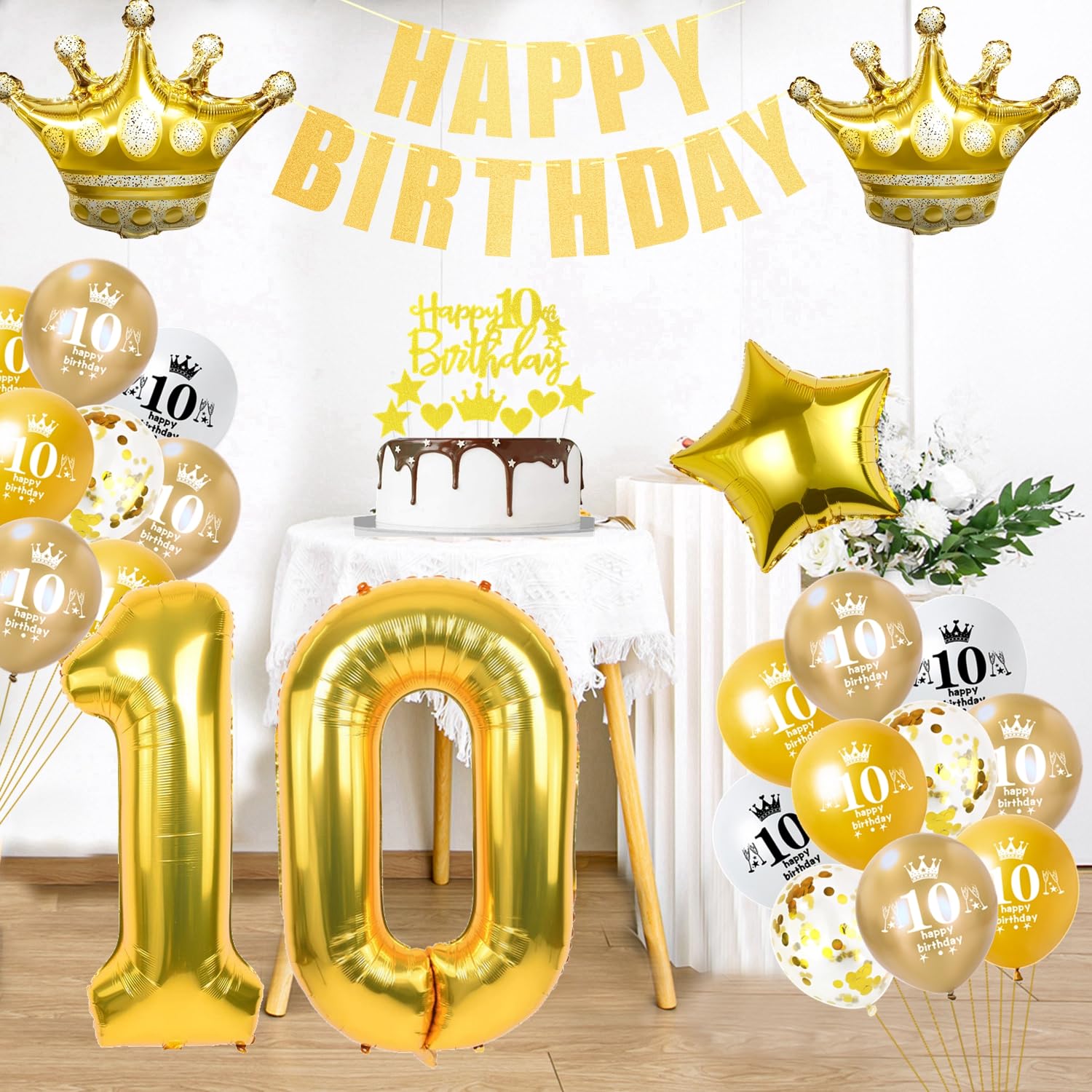 DIWULI Luftballon Zahl 10 – Gold, XL (ca. 55–60 Cm), Inkl. Aufblashalm, Für Geburtstagsdeko