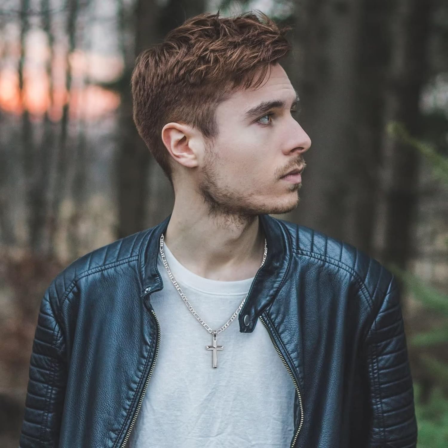 Cross Necklace Gifts for Men Him, Silver/Black/Gold Figaro Chain Cross Necklace for Men Baptism Religious Gift for Dad Son Anniversary Birthday Gifts for Dad Son Husband from Daughter Wife - Image 3