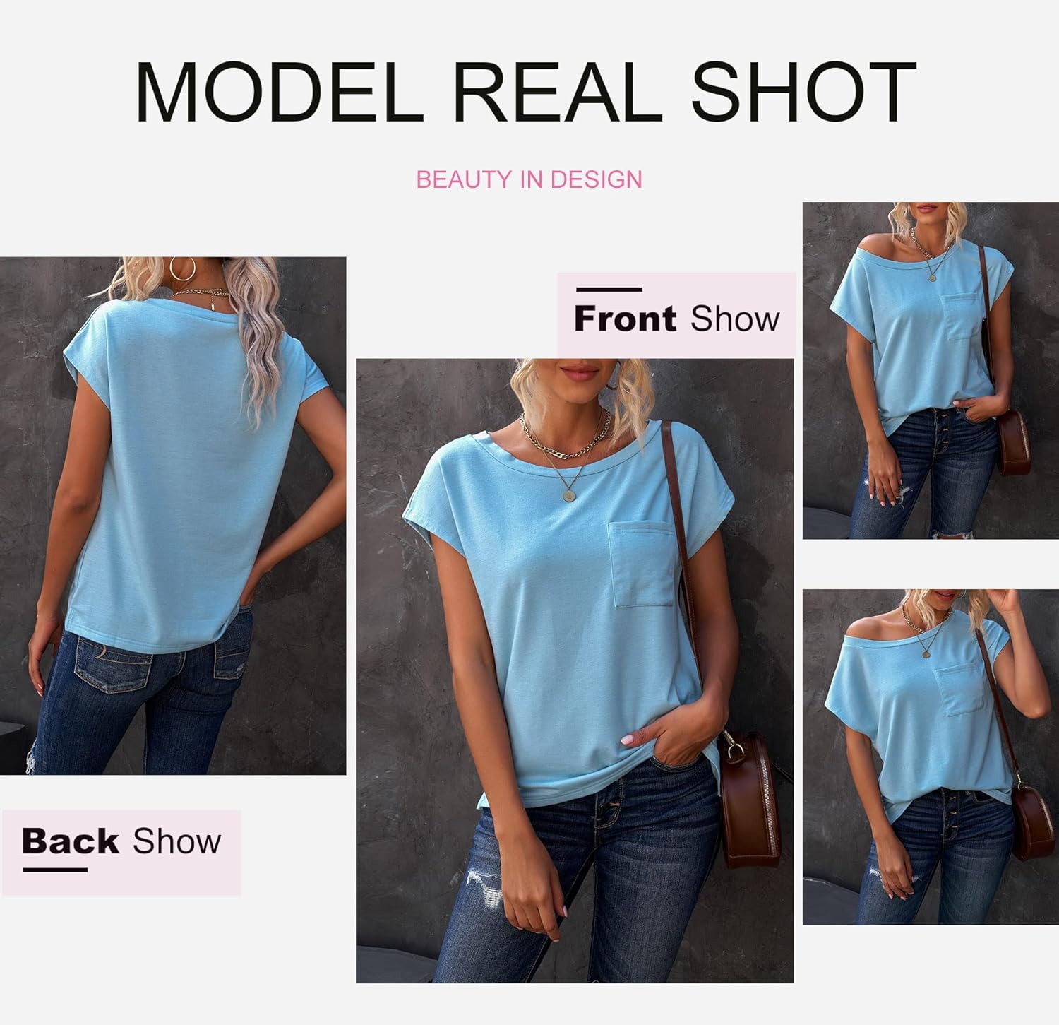 Diukia Women's Summer Casual Crewneck Solid Color Pocket T Shirts Loose Batwing Short Sleeve Tee Tops Blouses - Image 2