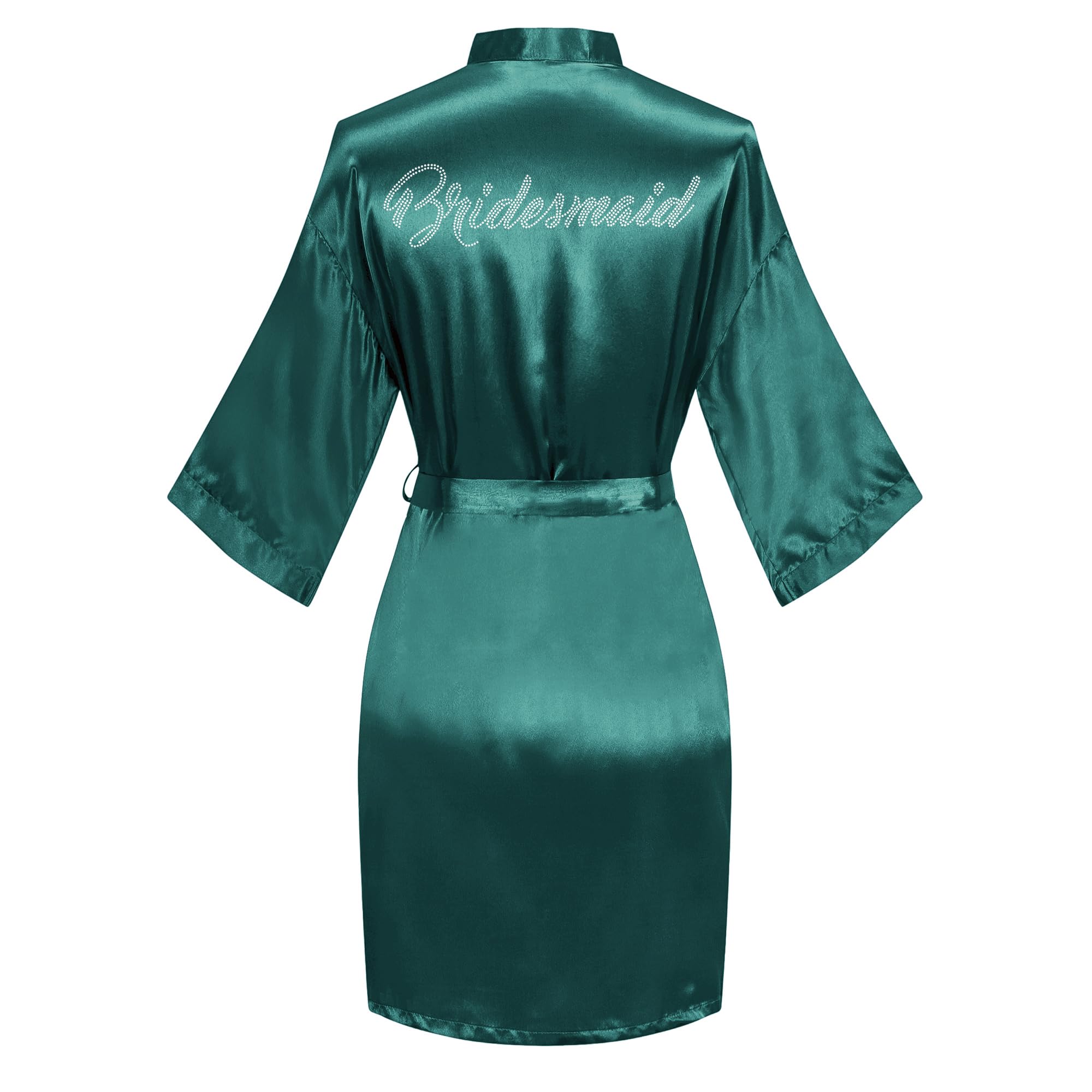 Women's Satin Robe Short Kimono for Bride &amp; Bridesmaid with Silver Rhinestones, Wedding Party Robes