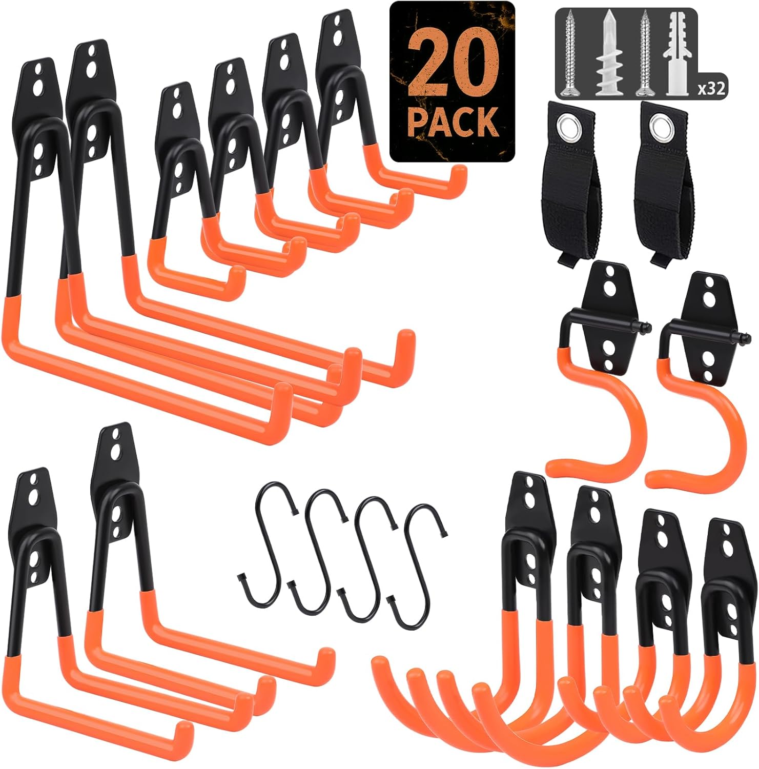 EZ COZY 20 Pack Garage Hooks Heavy Duty – Wall Mount Utility Hooks for Hanging, Garage Organization, Tool Hangers for Garage Wall, Ladder Holders, Assorted Sizes with Mounting Screws (Orange)