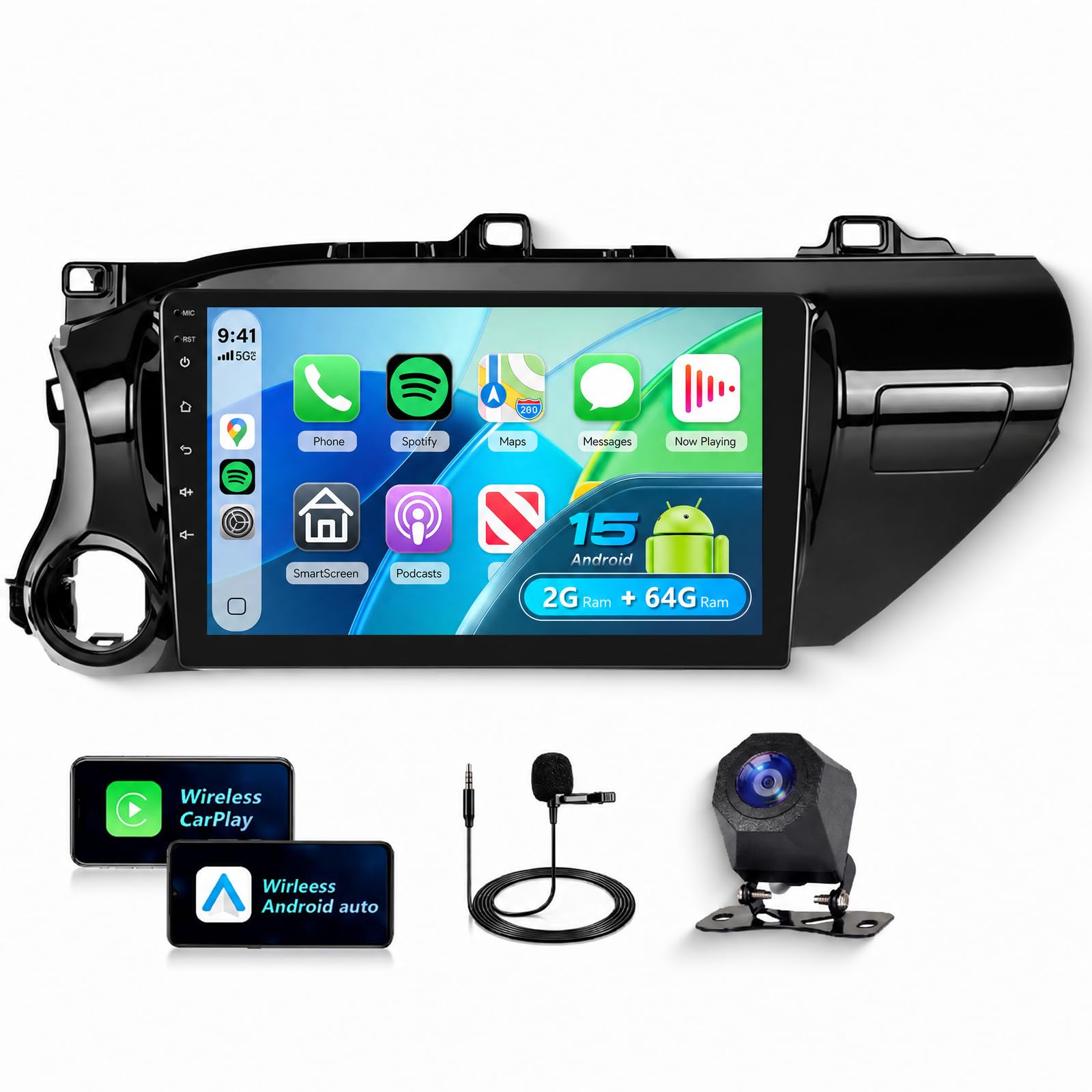 【2G+64G】 Car Radio for Toyota Hilux 2015-2020 with Wireless Carplay/Android Auto,Android Car Stereo 10.1" Touch Screen GPS Navigation WiFi Bluetooth FM/RDS Mirror Link SWC Backup Camera-image-16