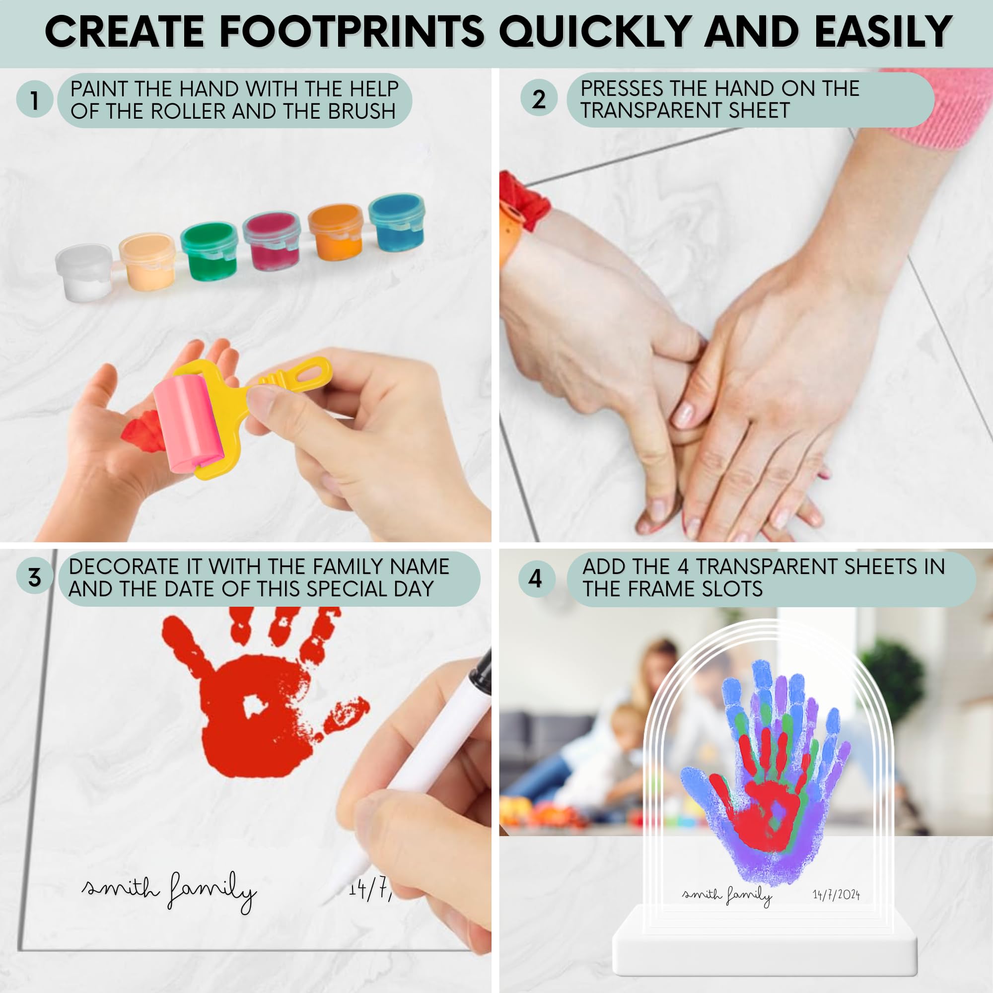 HuBorns - Baby Hand and Footprint Kit & Family Handprint Kit with 4 Handprint Spaces, Hand and Foot Print for Baby Painting Frame, Perfect as New Baby Gifts, New Mum Gift and Family Gifts — view 5