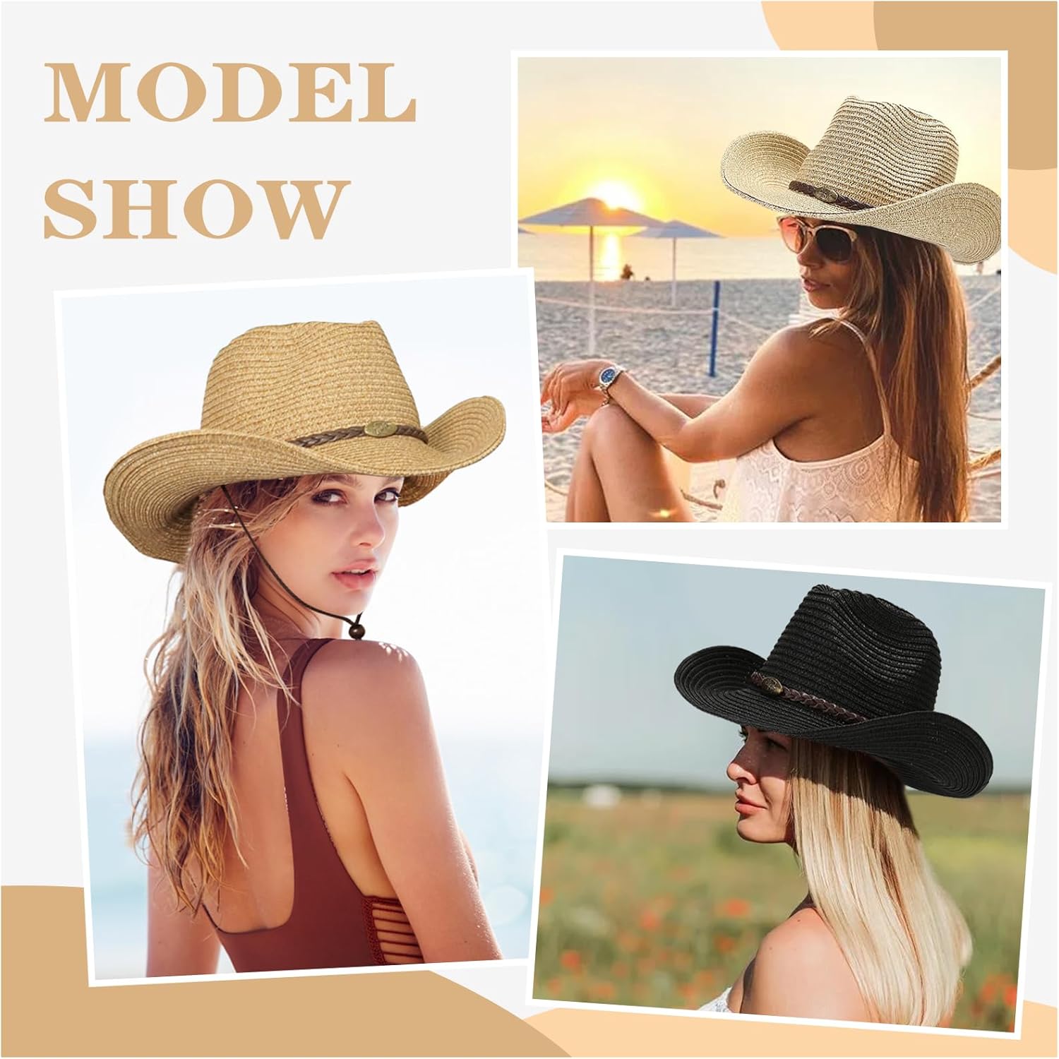 Straw Cowboy Hats Western Cowgirl Hat for Holiday Woven Beach Sun Hat with Wide Brim Shapeable Cowboy Hat for Women's/Men's - Image 6