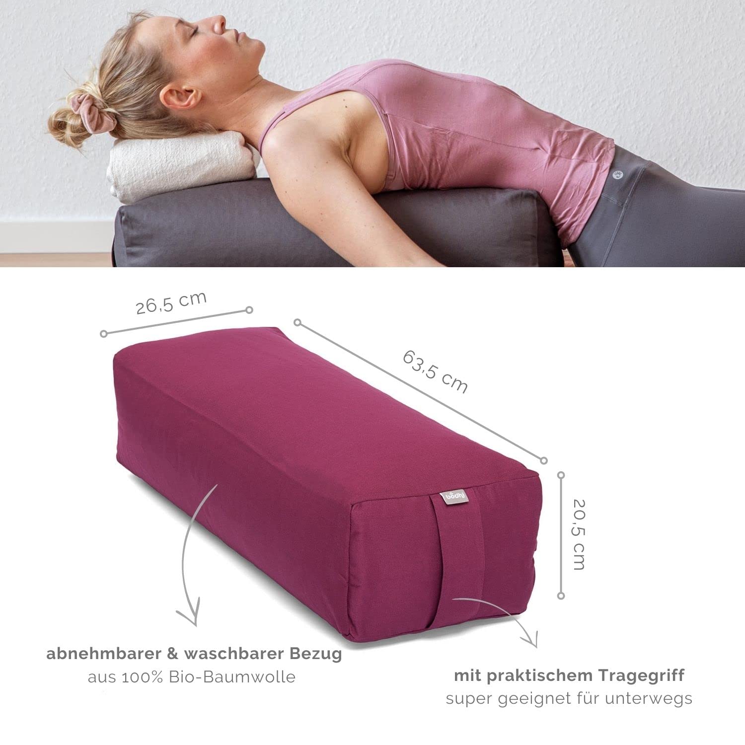 Bodhi Yoga Salamba Bolster Eco | Rivestimento lavabile in 100% cotone biologico | Rullo da yoga rettangolare con riempimento di farro biologico | Cuscino da yoga grande per yoga restorativo, dimensioni: 63,5 x 26,5 x 20,5 cm