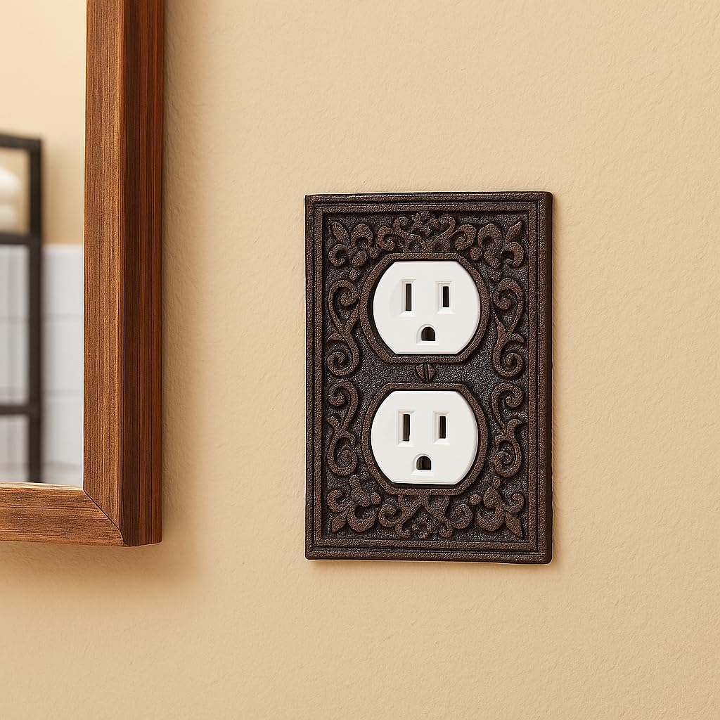 Lulu Decor, Cast Iron Fleur De Lis Dual Plug Plate in Antique Rustic Brown Finish (2 Pcs)