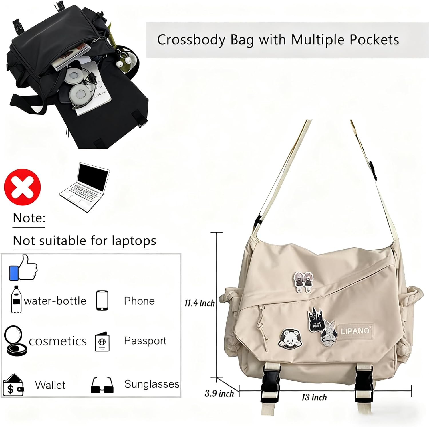 Aesthetic Crossbody Bag with Cute Pins and Ornament, Nylon Shoulder Messenger Bag Japanese Kawaii Bag for Women Men - Image 4