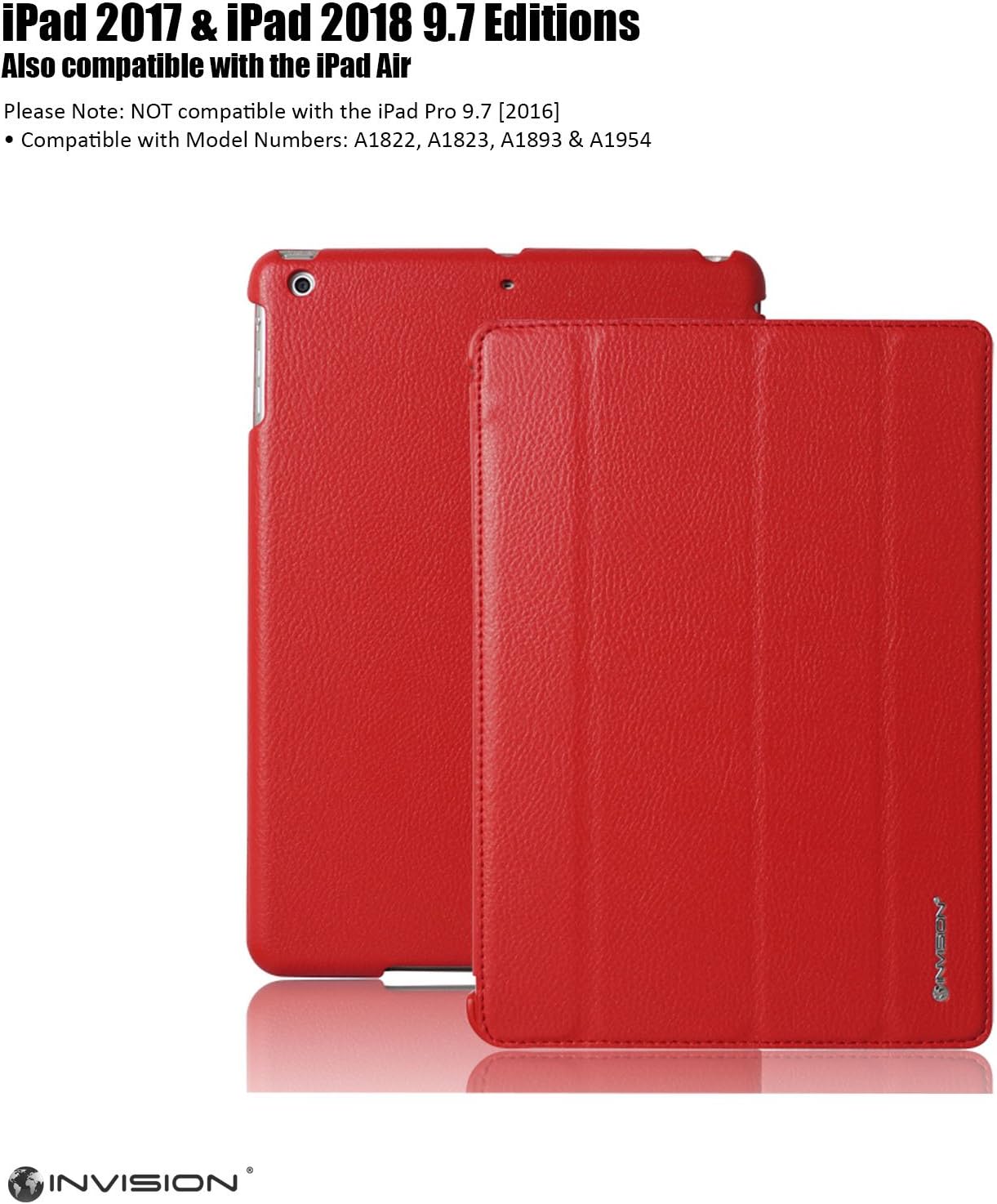Invision iPad Case 9.7 inch 2018/2017 Protective Smart Cover with Triple-layer Protection & Reinforced Impact Zones – Quality PU Leather Finish & Microfibre Inner - Auto Sleep/Wake Function Red