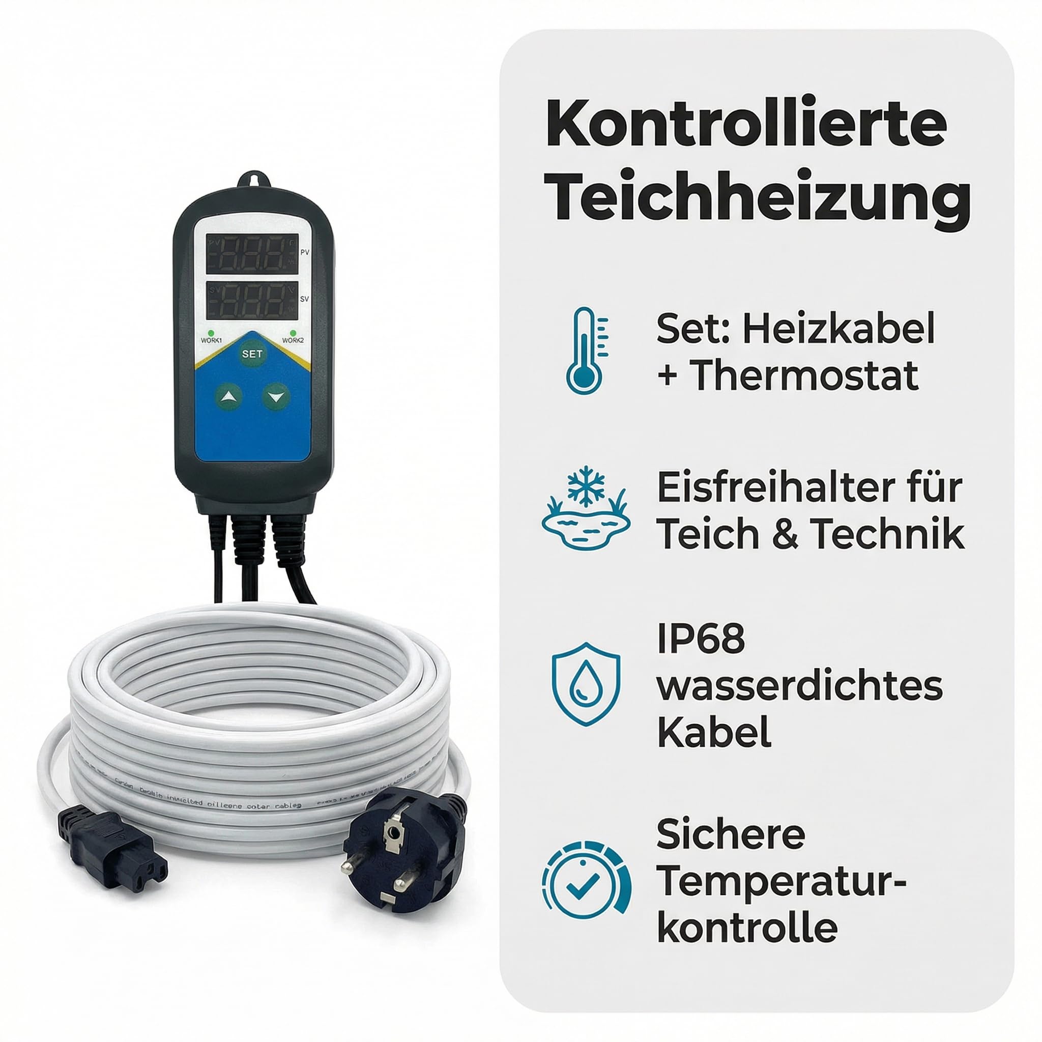 Pondlife Teichheizung Set mit Heizkabel & digitalem Thermostat, Teich eisfrei halten/Frostschutz, 6 m Silikon-Heizkabel IP68, selbstregulierend, für Teich, Filterleitungen & Wasserlauf