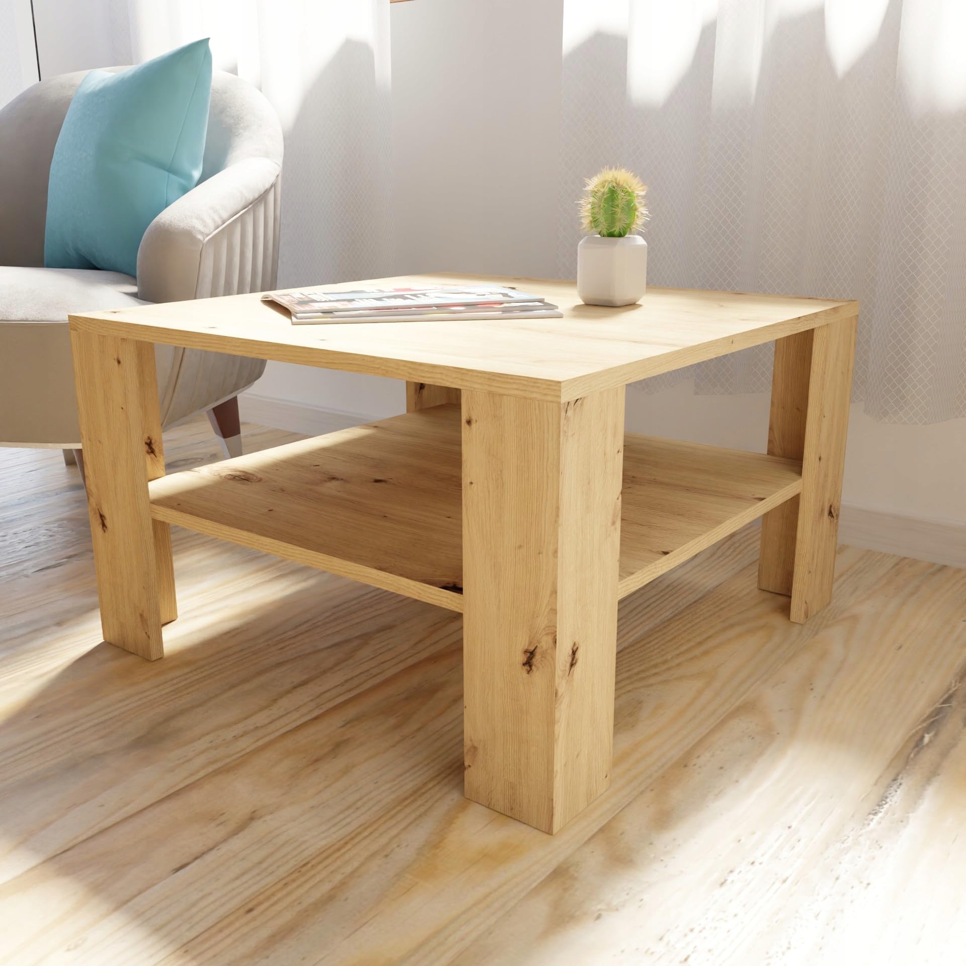 MATKAM Elegante Couchtisch 68x68 cm NIEDRIG EX3, Minimalistisches Design, ideal für Wohn- und Arbeitsräume, einfache Montage (Artisan Eiche)