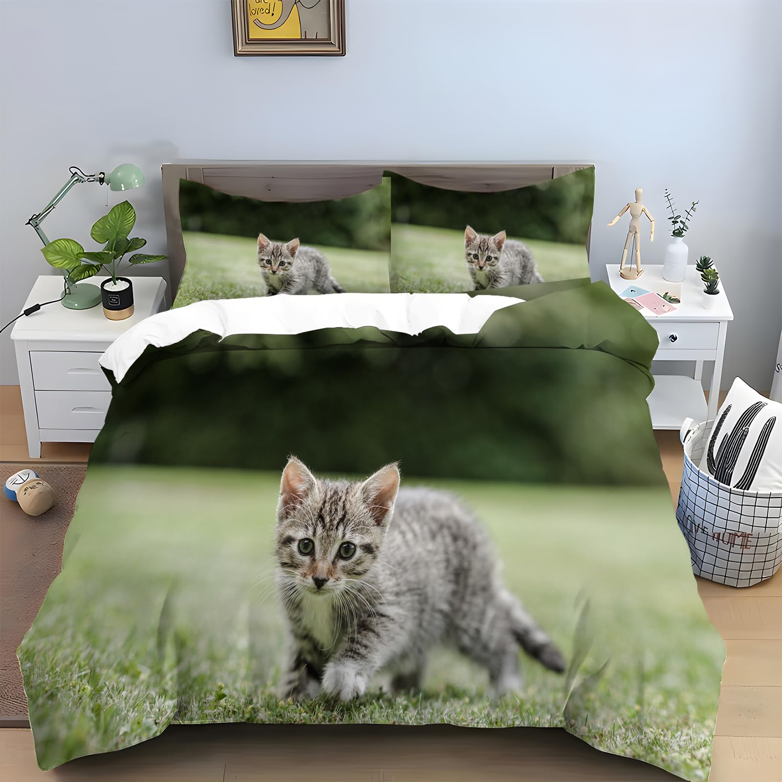 Jasnozielone zestawy poszewek na kołdrę z kotem, zestaw pościeli Super King – poszewka na kołdrę z nadrukiem zwierzęcym + 2 poszewki na poduszki 48 x 74 cm, 110 g mikrofibra nadająca się do