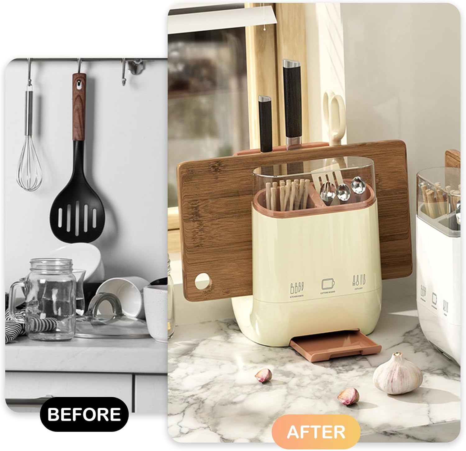 COVRA Multi-Functional Utensil Organizer for Kitchen Counter, 3-Section Design with Knife Slot, Cutlery Holder, and Space for Cutting Board, Ideal for Storing Kitchen Tools, Utensils (Light Gray)